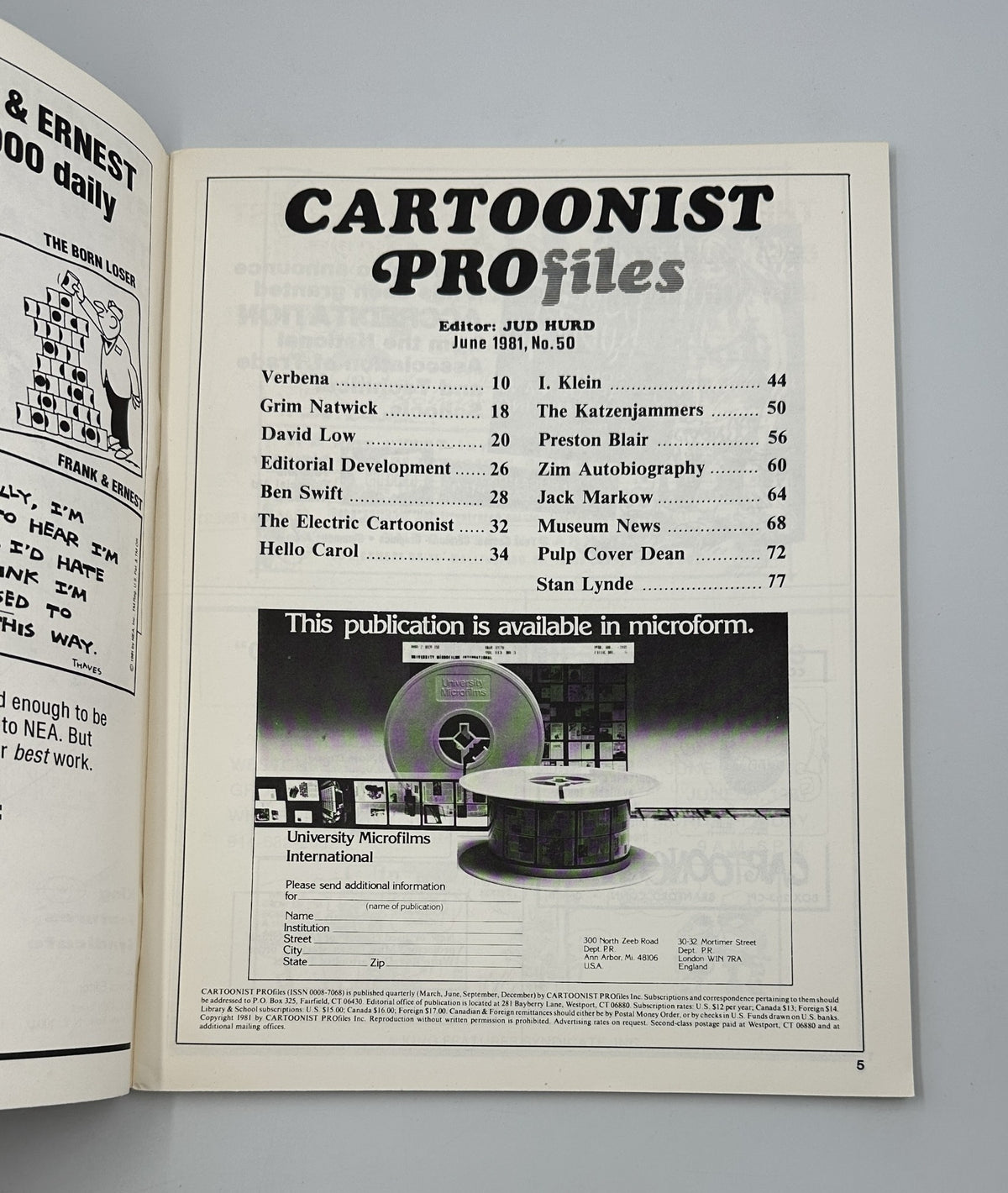 Table of contents page from Cartoonist Profiles Magazine June 1981, showcasing various articles including Grim Natwick, David Low, and others, highlighting the magazine's editorial structure.