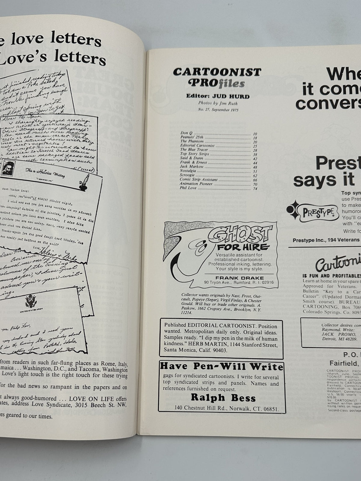 Inside layout of Cartoonist Profiles Magazine September 1975 showcasing letters, editorial content, and an advertisement for creative cartooning opportunities.