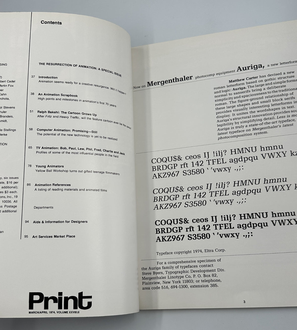 Inside view of Print Magazine March 1974 featuring contents page and article titles related to animation, including 'The Resurrection of Animation: A Special Issue'.
