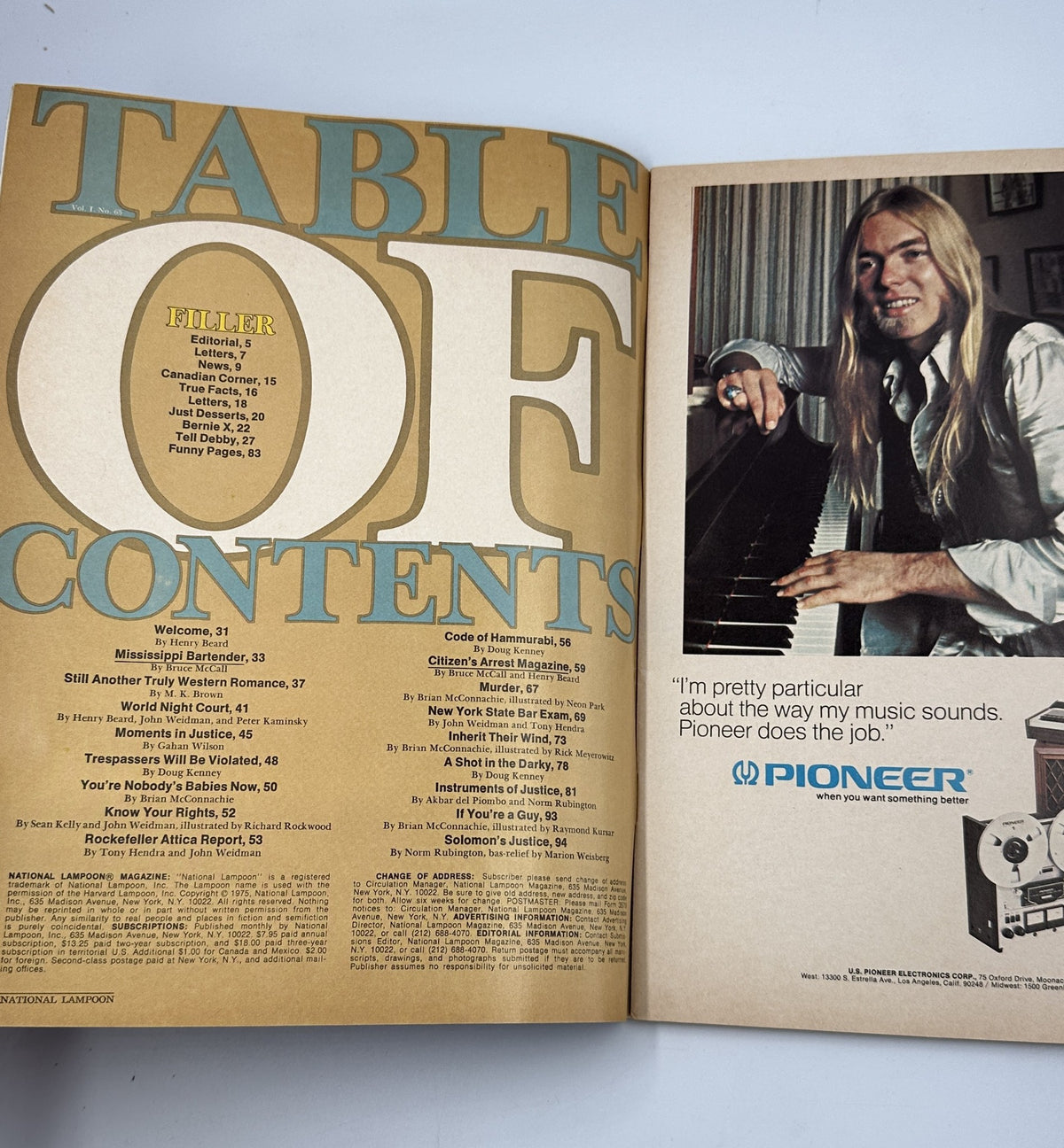 Interior page of National Lampoon Magazine August 1975 displaying the Table of Contents with sections and article titles, reflecting the magazine's comedic style.