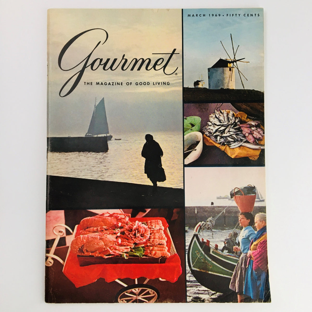 Cover of Gourmet Magazine of Good Living, March 1969, featuring a silhouette of a person by the water, a sailboat, various seafood, and a vibrant marketplace scene.