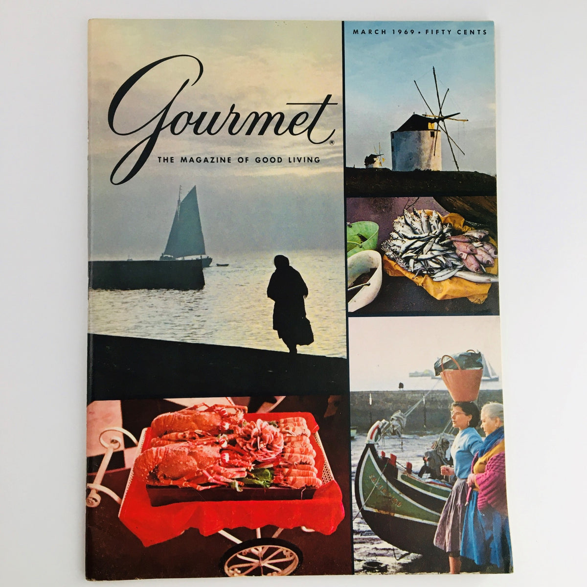 Gourmet Magazine of Good Living, March 1969 cover featuring picturesque scenes including a sailing boat, a woman walking by the shore, and various Portuguese rice dishes, highlighting its vintage charm.