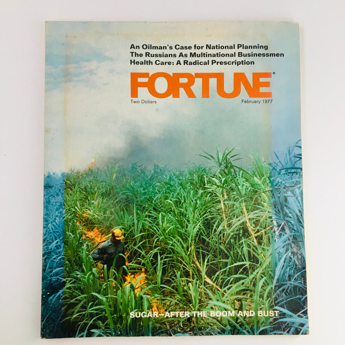 Cover of Fortune Magazine February 1977 featuring the title 'Sugar After The Boom and Bust'. The image showcases a sugar cane field with a person working in the background, highlighting the agricultural themes discussed in this vintage issue.