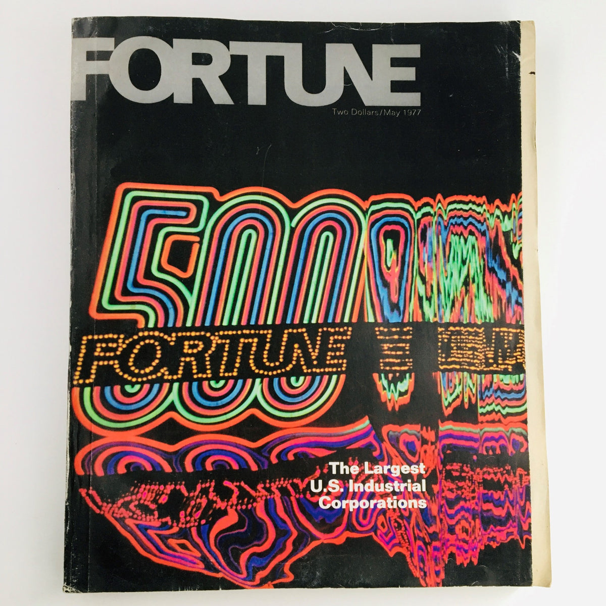 Fortune Magazine May 1977 cover showcasing vibrant typography and colors, titled 'The Largest U.S. Industrial Corporations', a collectible vintage magazine feature.