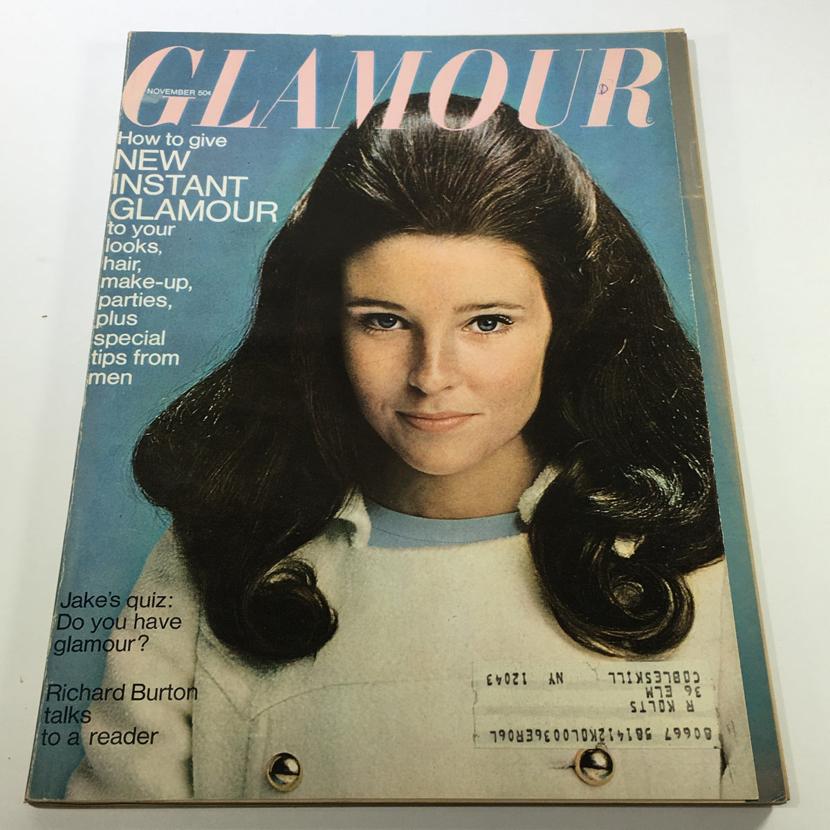 Vintage Glamour Magazine cover from November 1966 featuring fashion model Lisa Palmer, showcasing 1960s style and beauty tips.