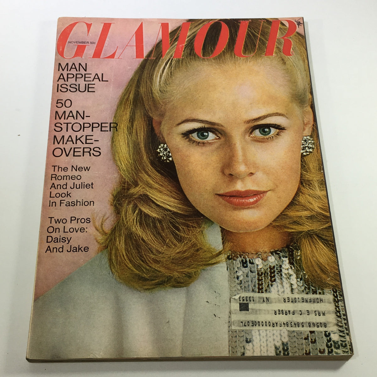 Vintage Glamour Magazine November 1967 cover featuring the headline '50 Man-Stopper Make-Overs' with a portrait of a beautiful model showcasing 1960s fashion.