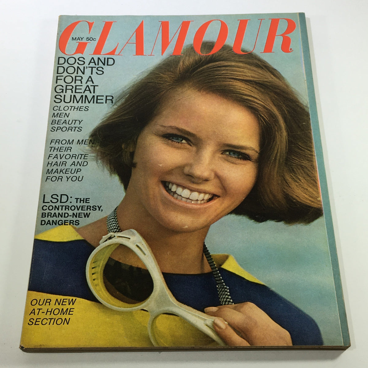 Cover of VTG Glamour Magazine: May 1967, featuring a smiling model holding sunglasses, illustrating Do's & Don'ts For Summer fashion trends.