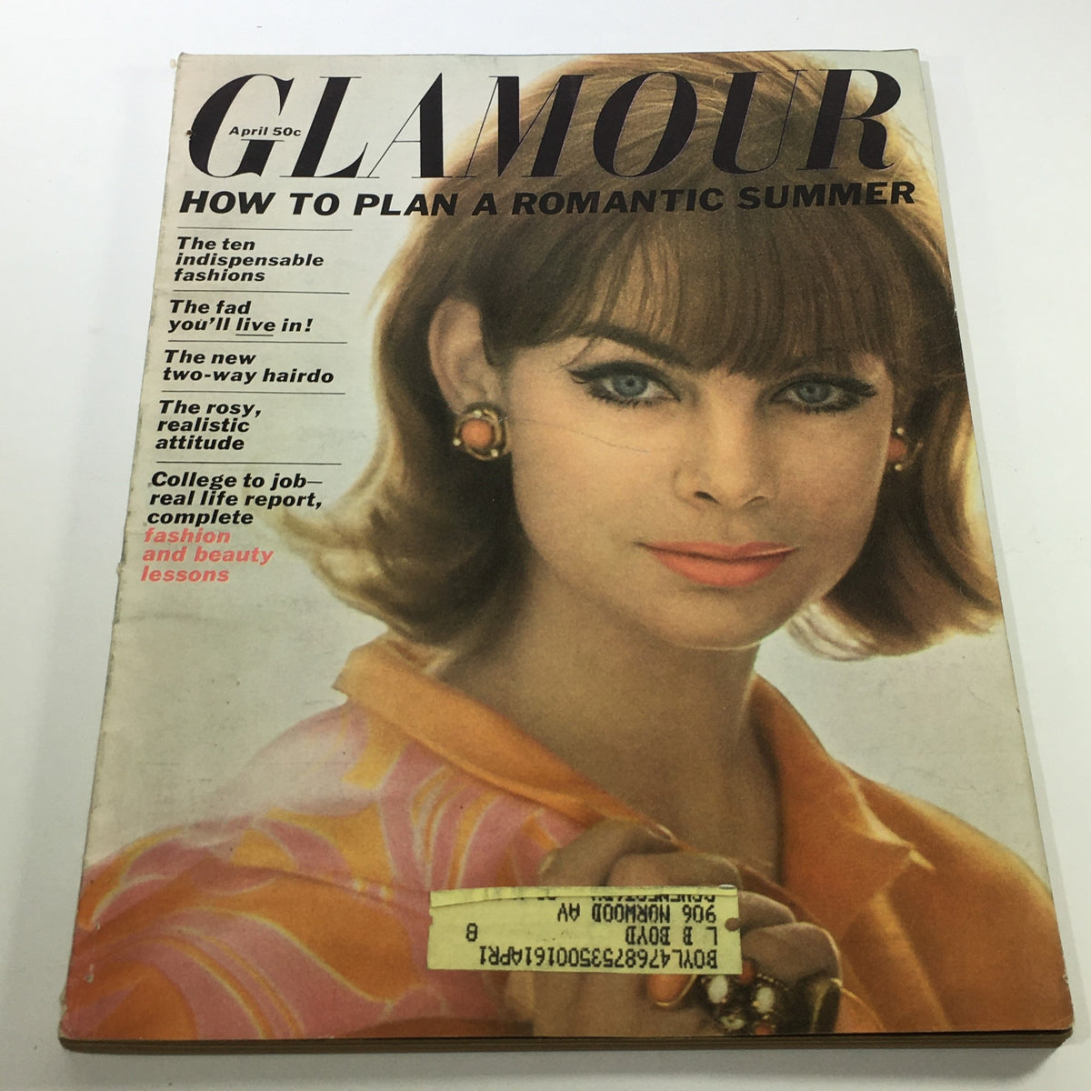 VTG Glamour Magazine April 1963 featuring Jean Shrimpton on the cover with bold fashion and beauty themes, showcasing the iconic style of the 1960s.