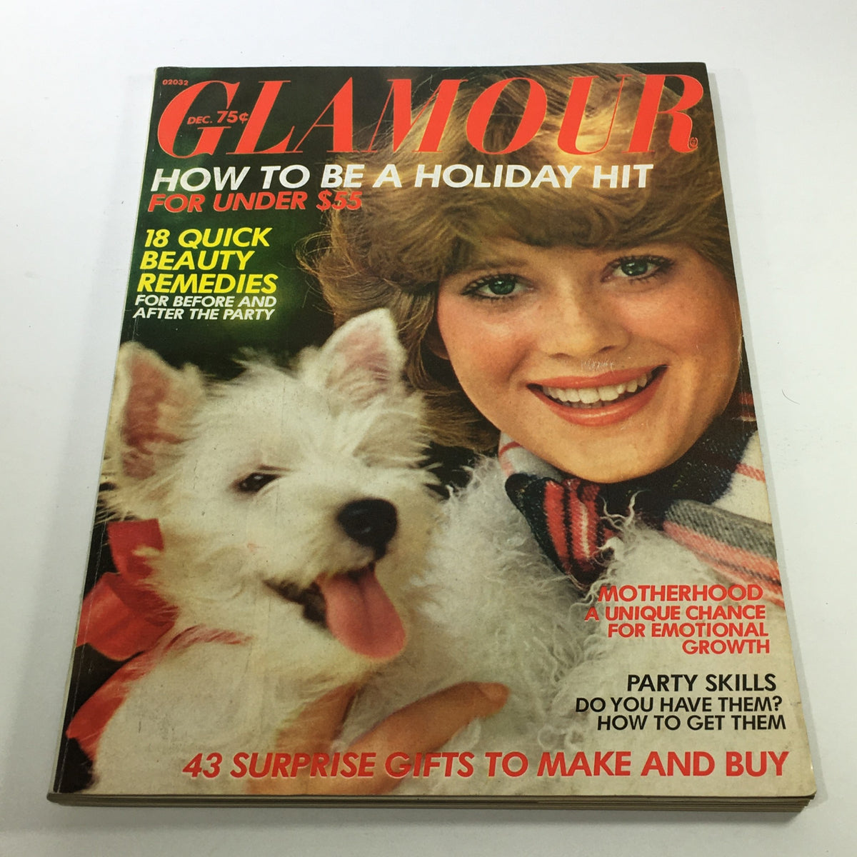 Vintage Glamour Magazine cover from December 1974 showcasing '18 Quick Beauty Remedies.' The cover features a cheerful young woman smiling beside a white dog, reflecting 1970s beauty trends and holiday preparation tips.