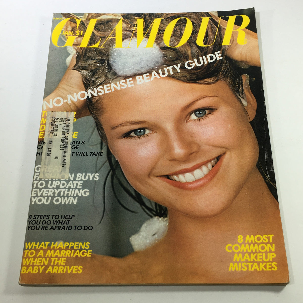 Glamour Magazine January 1976 featuring Christie Brinkley on the cover, showcasing her stunning beauty and 1970s fashion style, with a focus on beauty tips and cultural trends of the era.