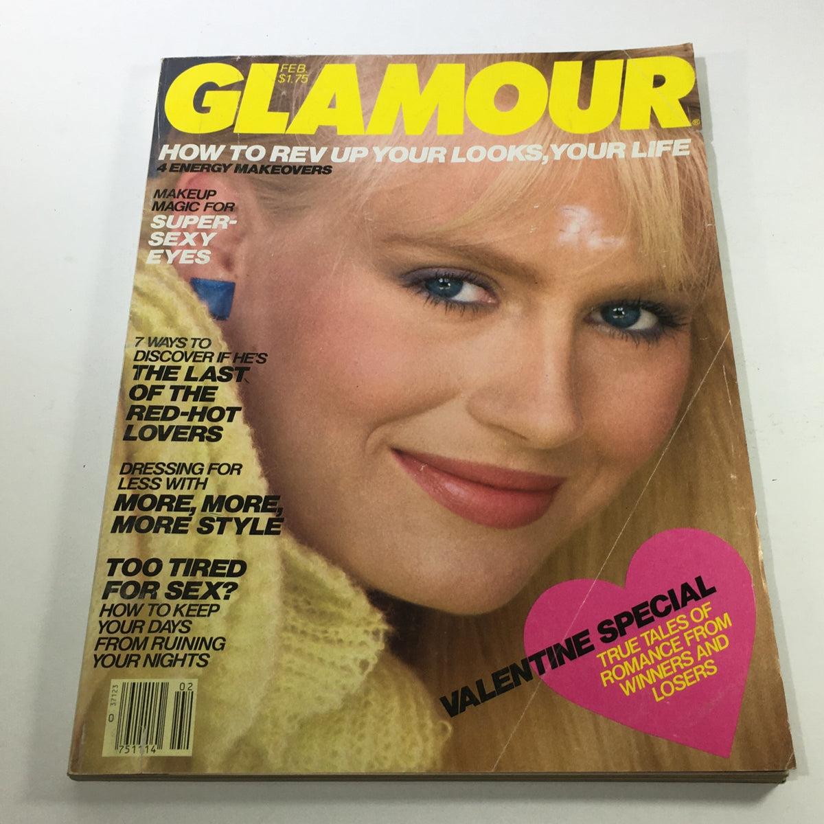 Cover of VTG Glamour Magazine: February 1983 featuring Bitten Knudsen, with headlines about beauty, relationships, and Valentine's Day special.