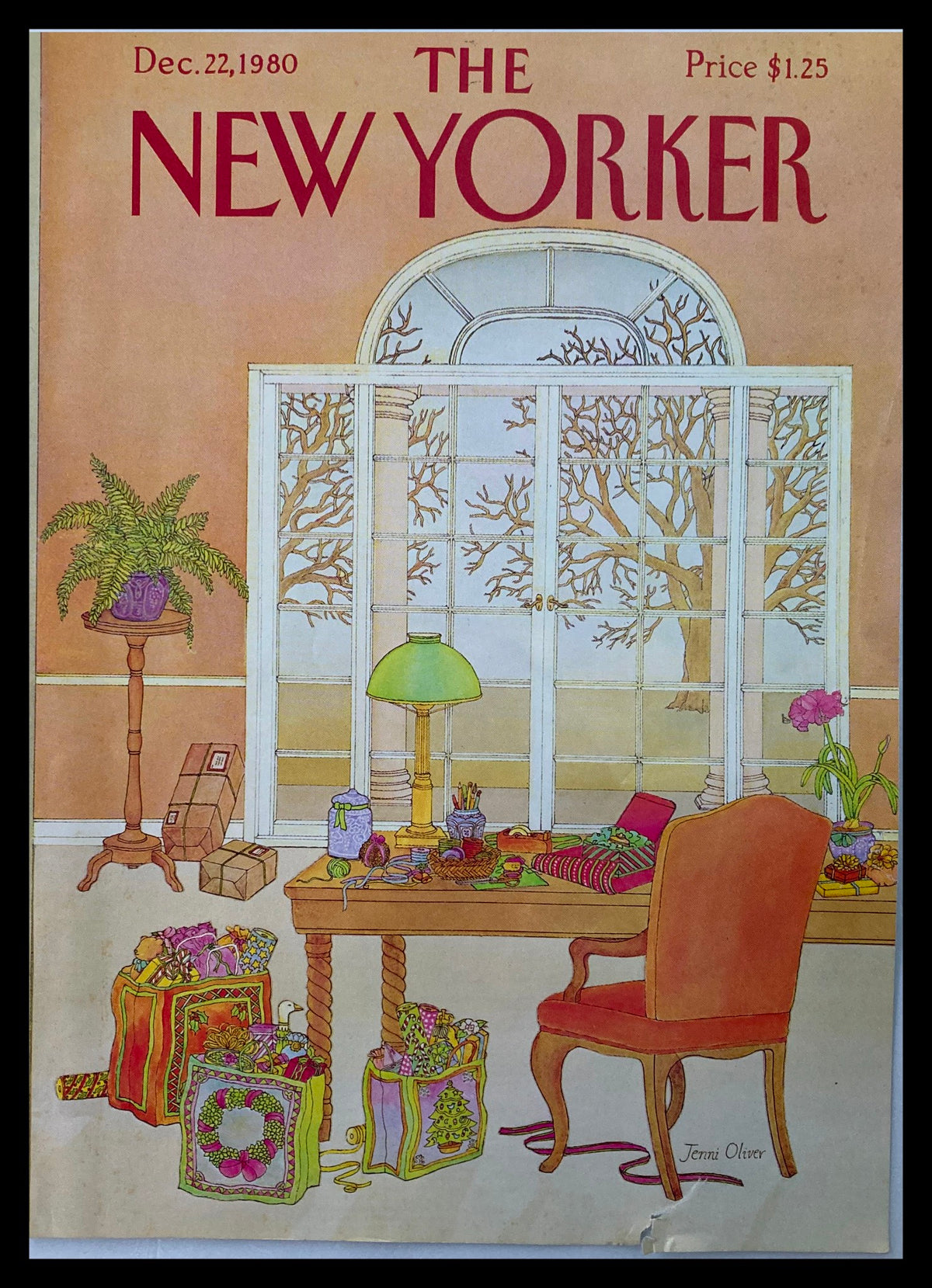 Cover only of The New Yorker magazine from December 22, 1980, featuring vintage artwork by Jenni Oliver, depicting a cozy holiday scene with festive ornaments, a decorated table, and a plant in a sunlit room.