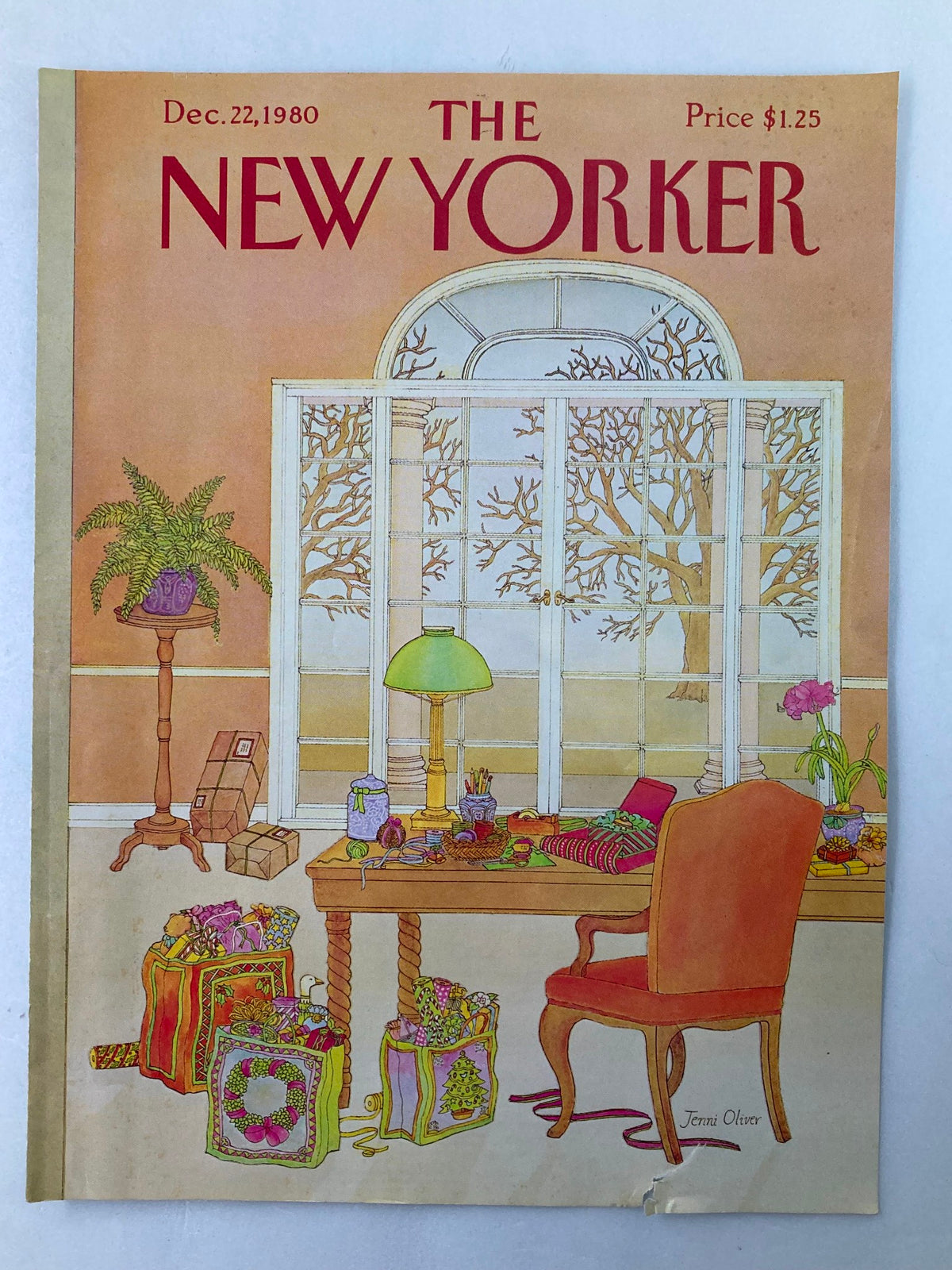 Vintage The New Yorker cover only dated December 22, 1980, featuring a beautifully illustrated scene of holiday ornaments designed by Jenni Oliver, with festive decorations in a cozy setting.