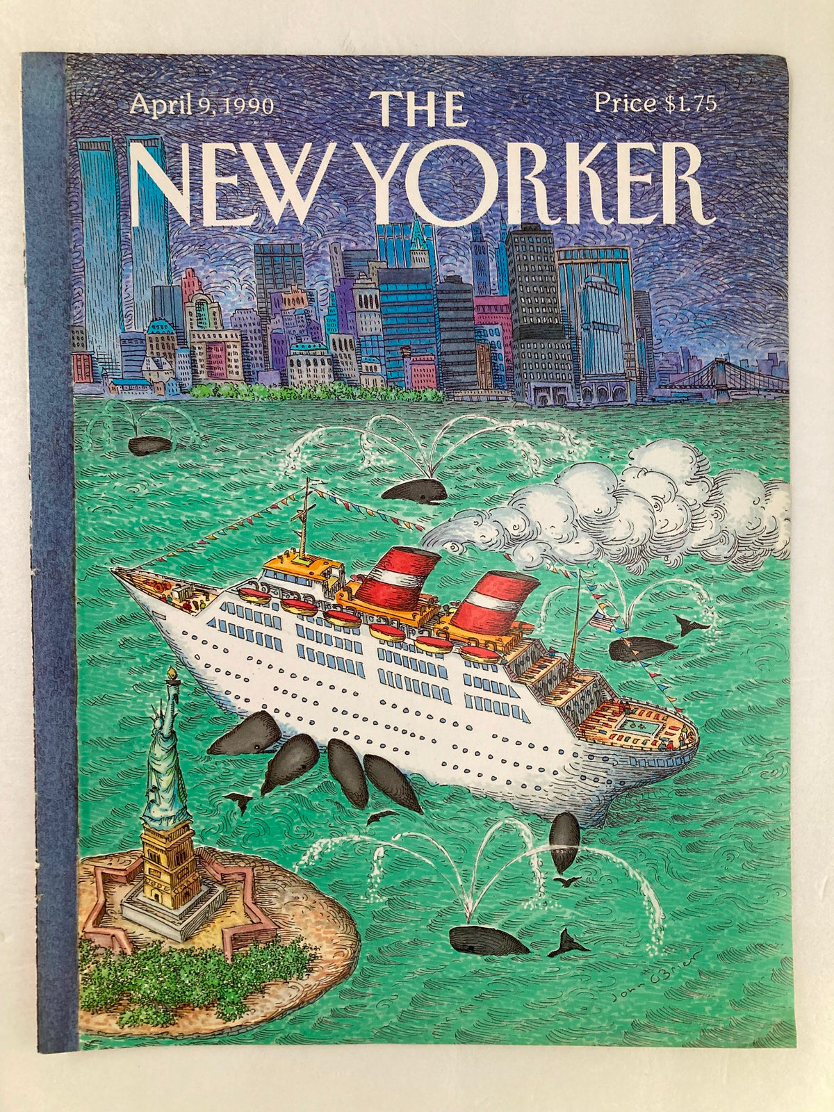 The New Yorker April 9, 1990 cover art illustrating a City Cruise by John O'Brien. The design includes iconic elements like the Statue of Liberty, a cruise ship, and playful whales in the harbor, highlighting the charm and vibrancy of New York City.