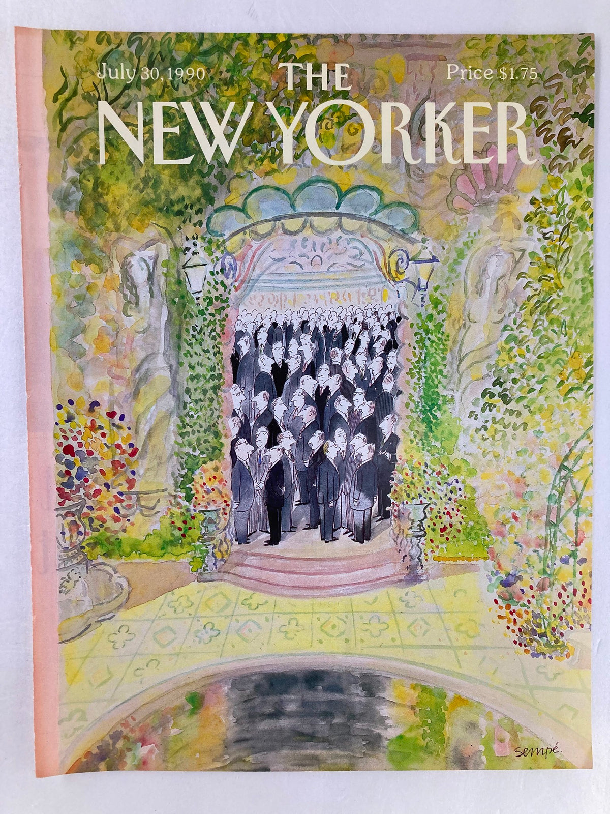 COVER ONLY The New Yorker July 30 1990 A Business Meeting by J.J. Sempe, showcasing a colorful watercolor painting of men in suits congregating at a picturesque garden scene.