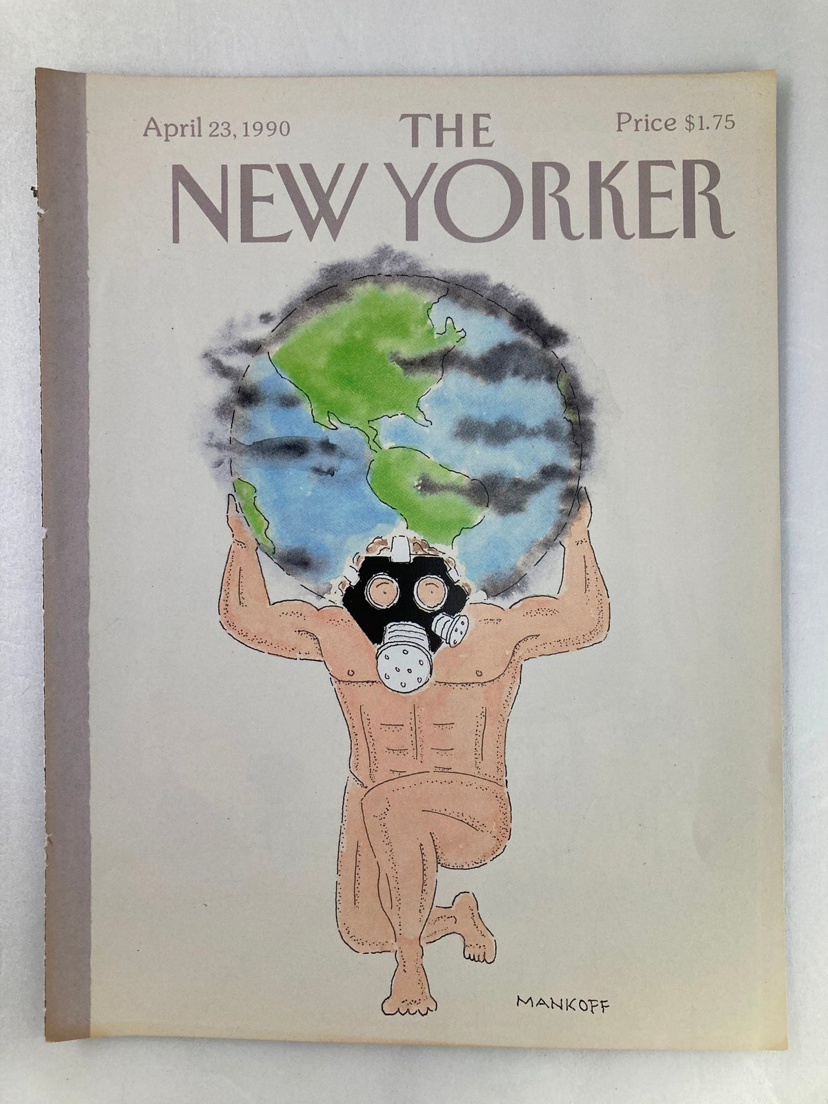 COVER ONLY The New Yorker April 23 1990 Earth Man by Robert Mankoff, displaying an iconic artistic representation of a nude figure in a gas mask supporting the globe against a neutral backdrop.