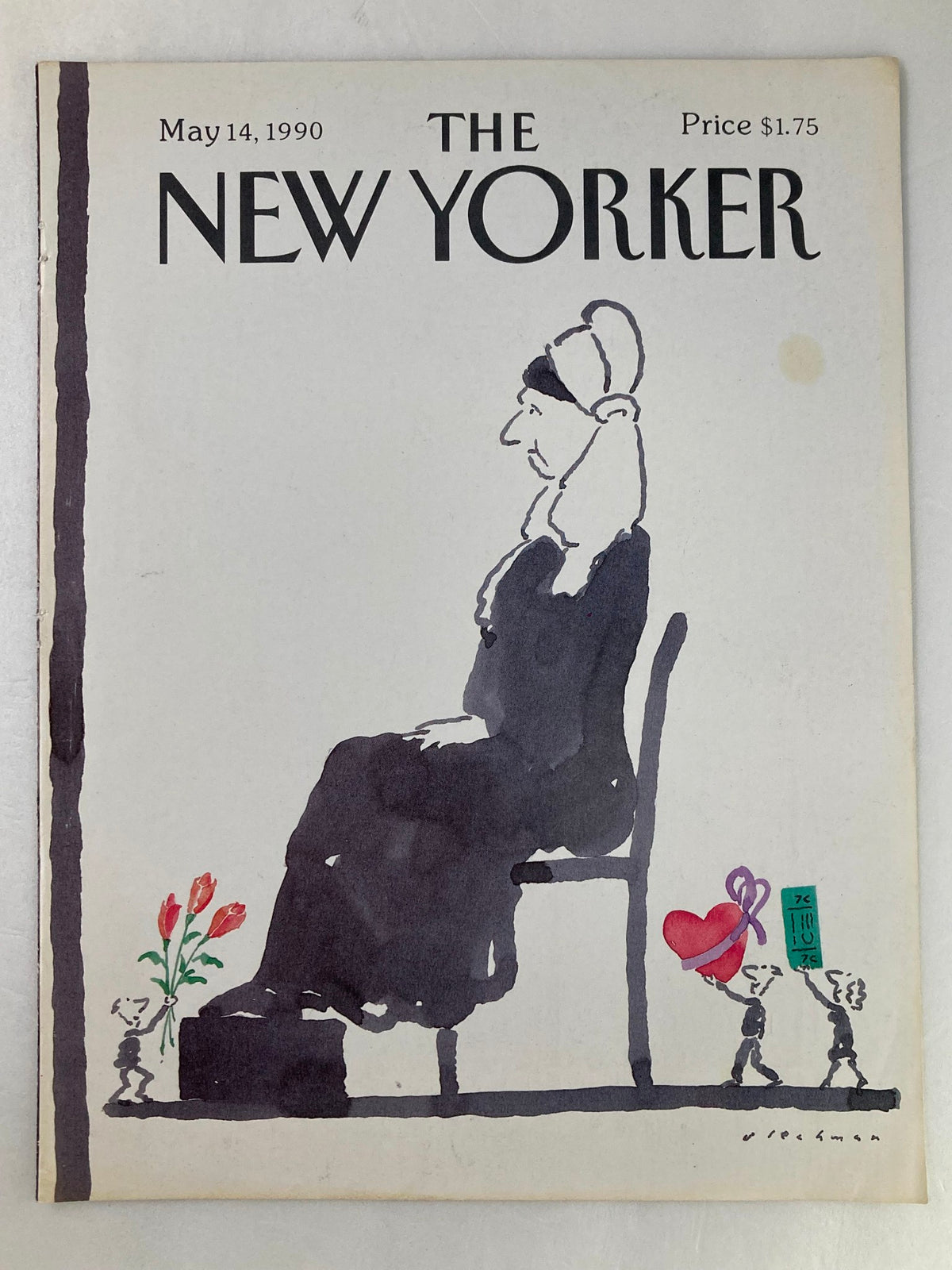 The New Yorker May 14 1990 Mother's Day cover by R.O. Blechman depicting a mother figure receiving flowers and a heart gift from children, in a whimsical artistic style.
