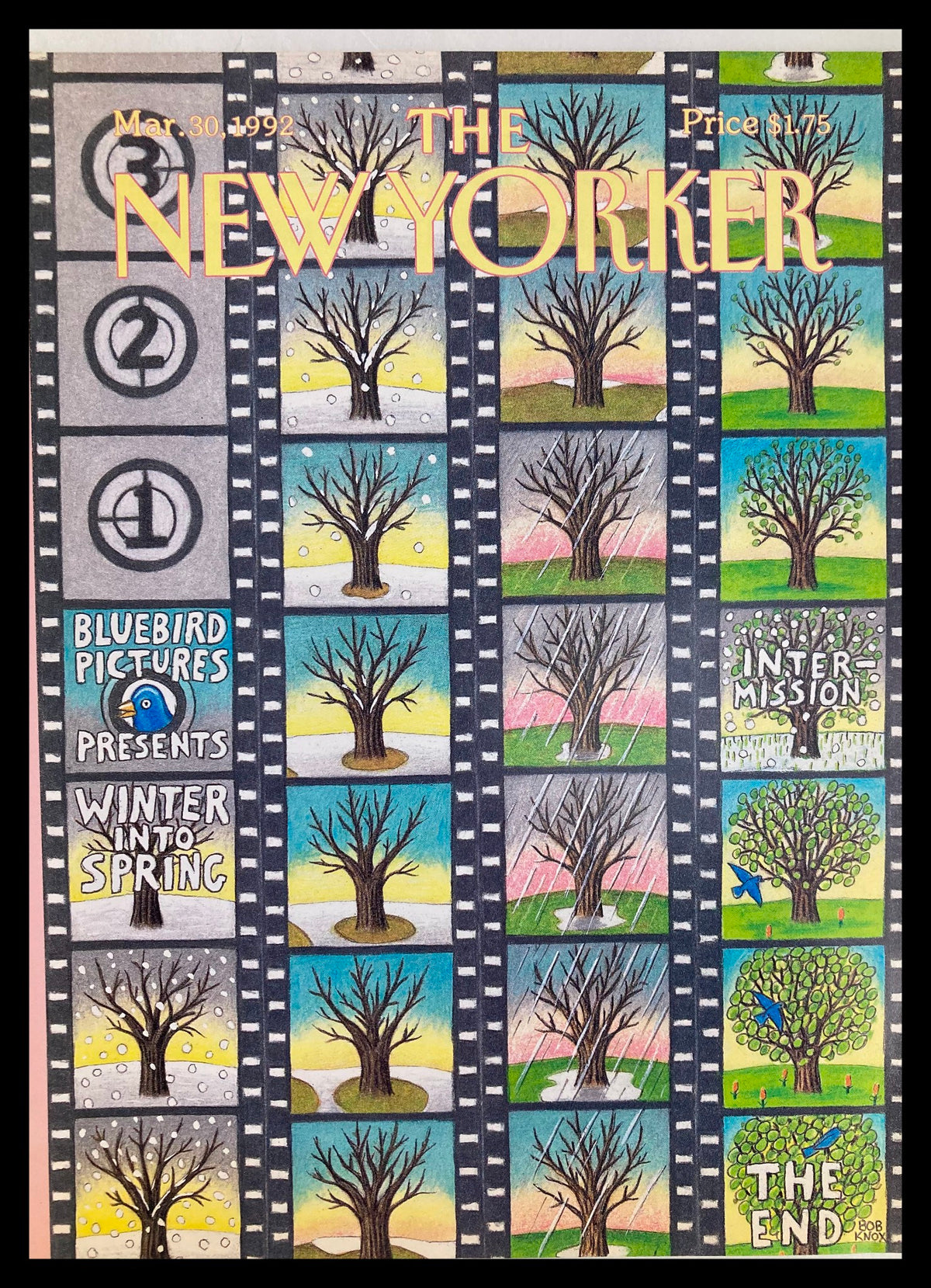 The New Yorker Cover - March 30, 1992, featuring the artwork 'Winter Into Spring' by Bob Knox, showcasing a visual narrative of the seasonal transition through trees depicted across film strips.