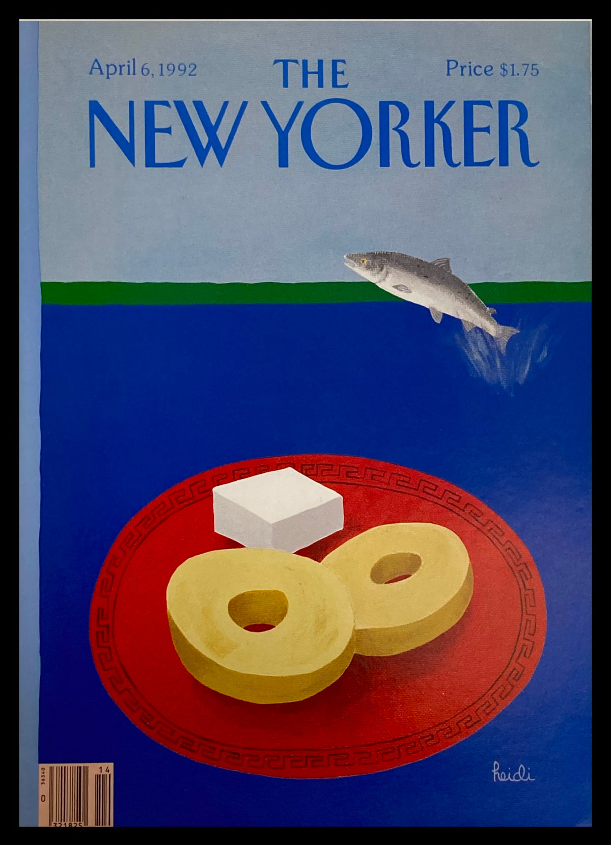 Cover of The New Yorker dated April 6, 1992, featuring the artwork 'Tuna and Cheese' by Heidi Gonnel, showcasing a vibrant illustration of a fish and food items on a red plate against a blue background.