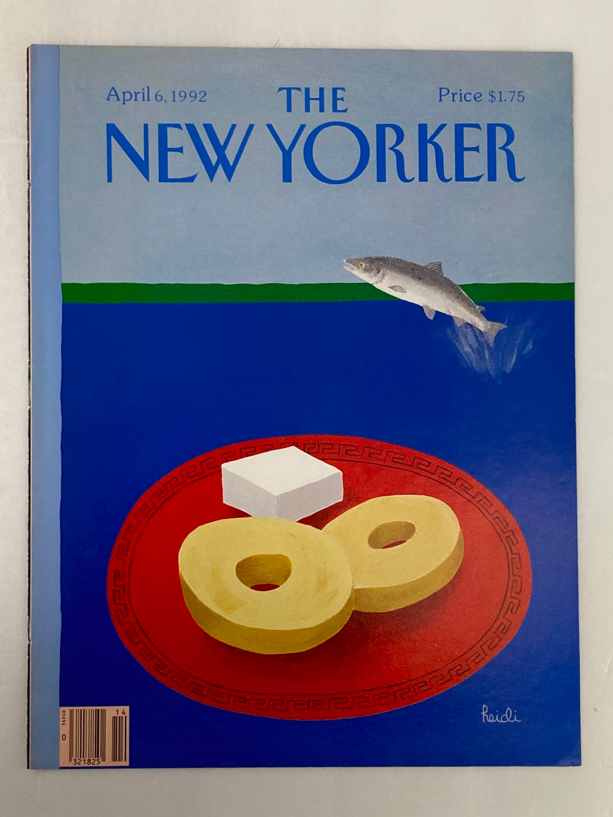 Cover of The New Yorker dated April 6, 1992, displaying the whimsical illustration 'Tuna and Cheese' by Heidi Gonnel, featuring a fish and various food items on a red plate with a blue backdrop.