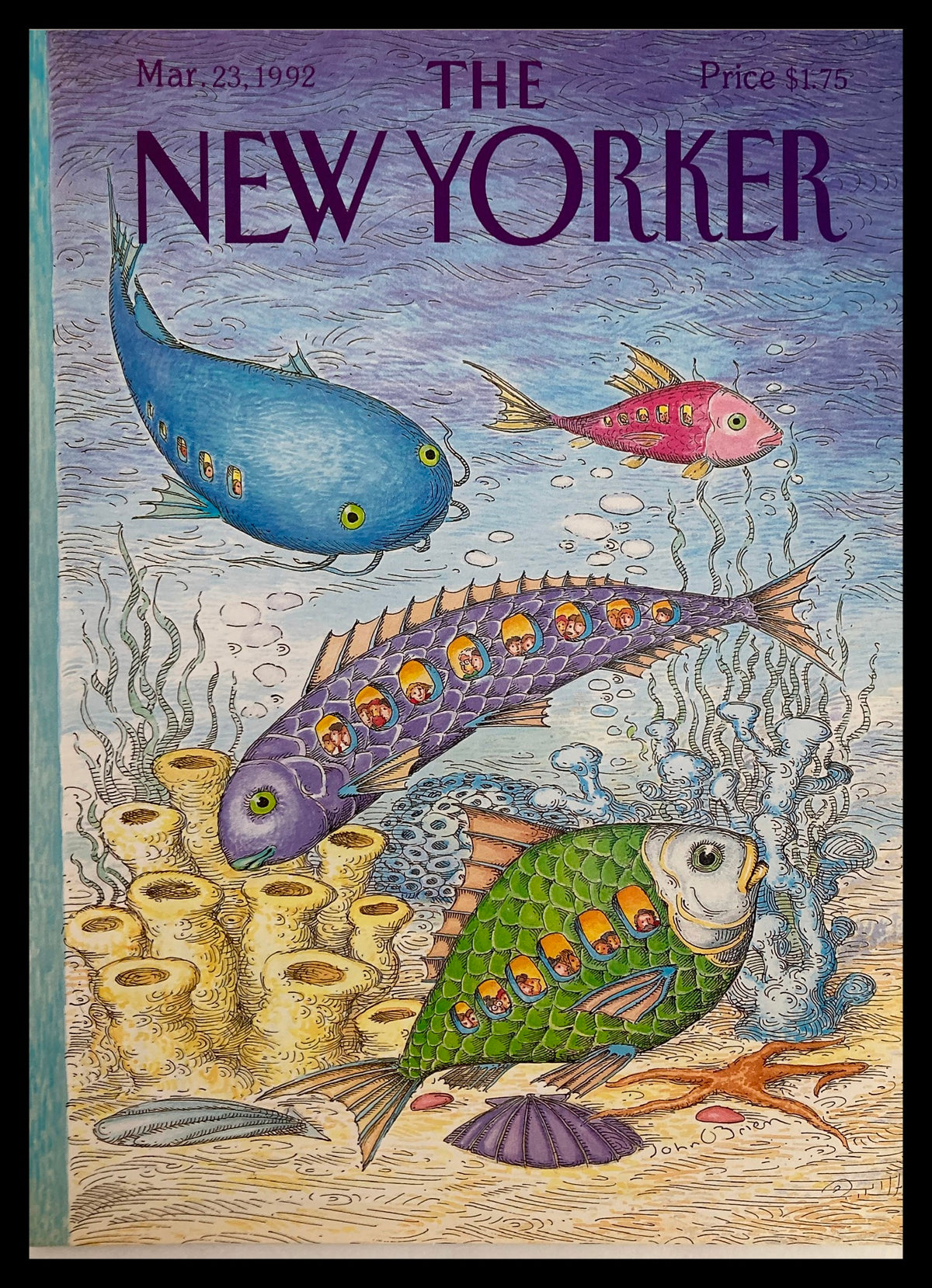 The New Yorker March 23 1992 Ocean Reef cover featuring vibrant fish illustrations and coral, designed by John O'Brien, ideal for collectors and decor.