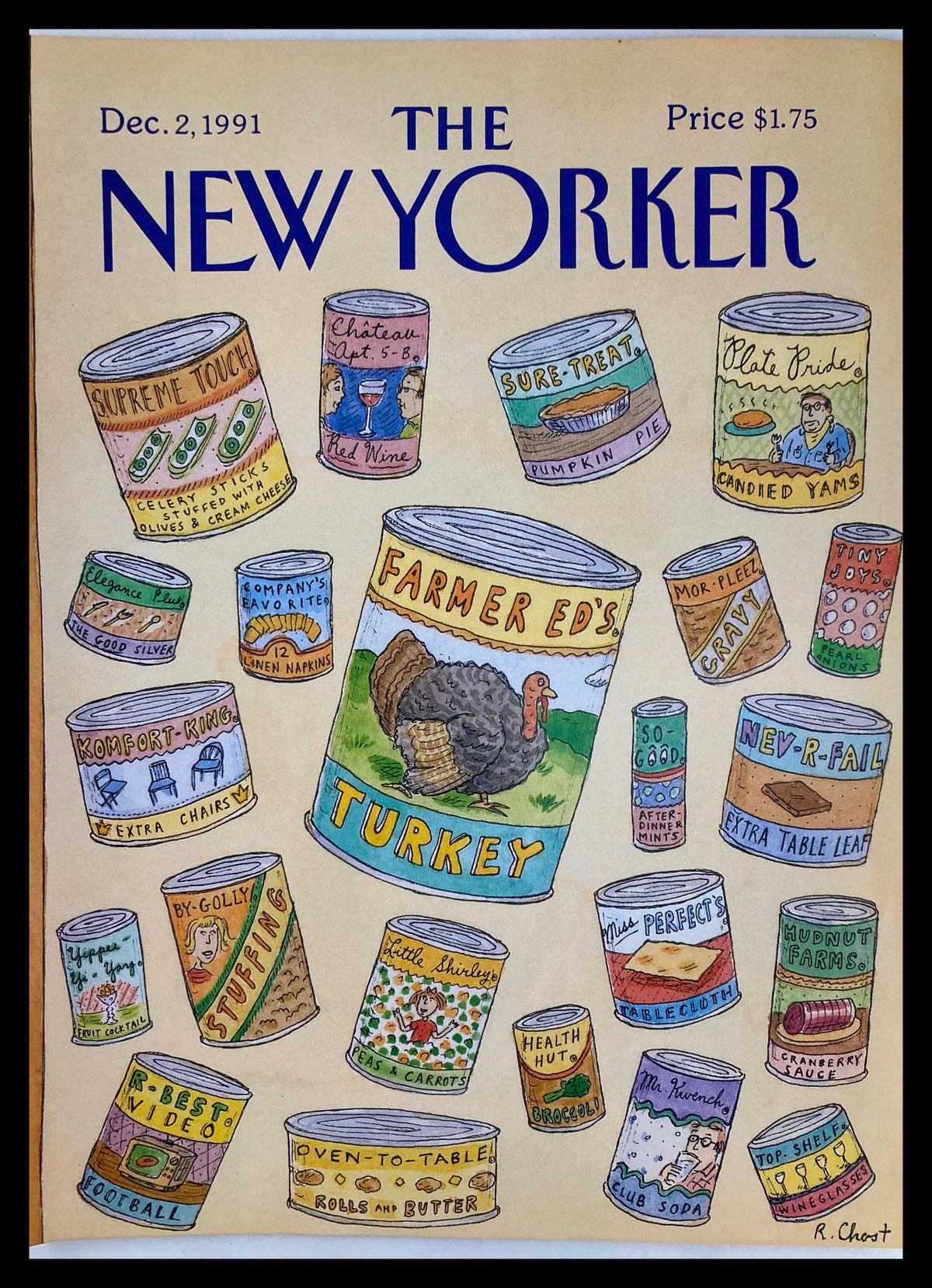 COVER ONLY The New Yorker December 2 1991 Farmer Ed Turkey by R. Chast, featuring a whimsical illustration of various canned goods, with a prominent can labeled 'Farmer Ed's Turkey' in the center, showcasing a festive theme ideal for collectors.