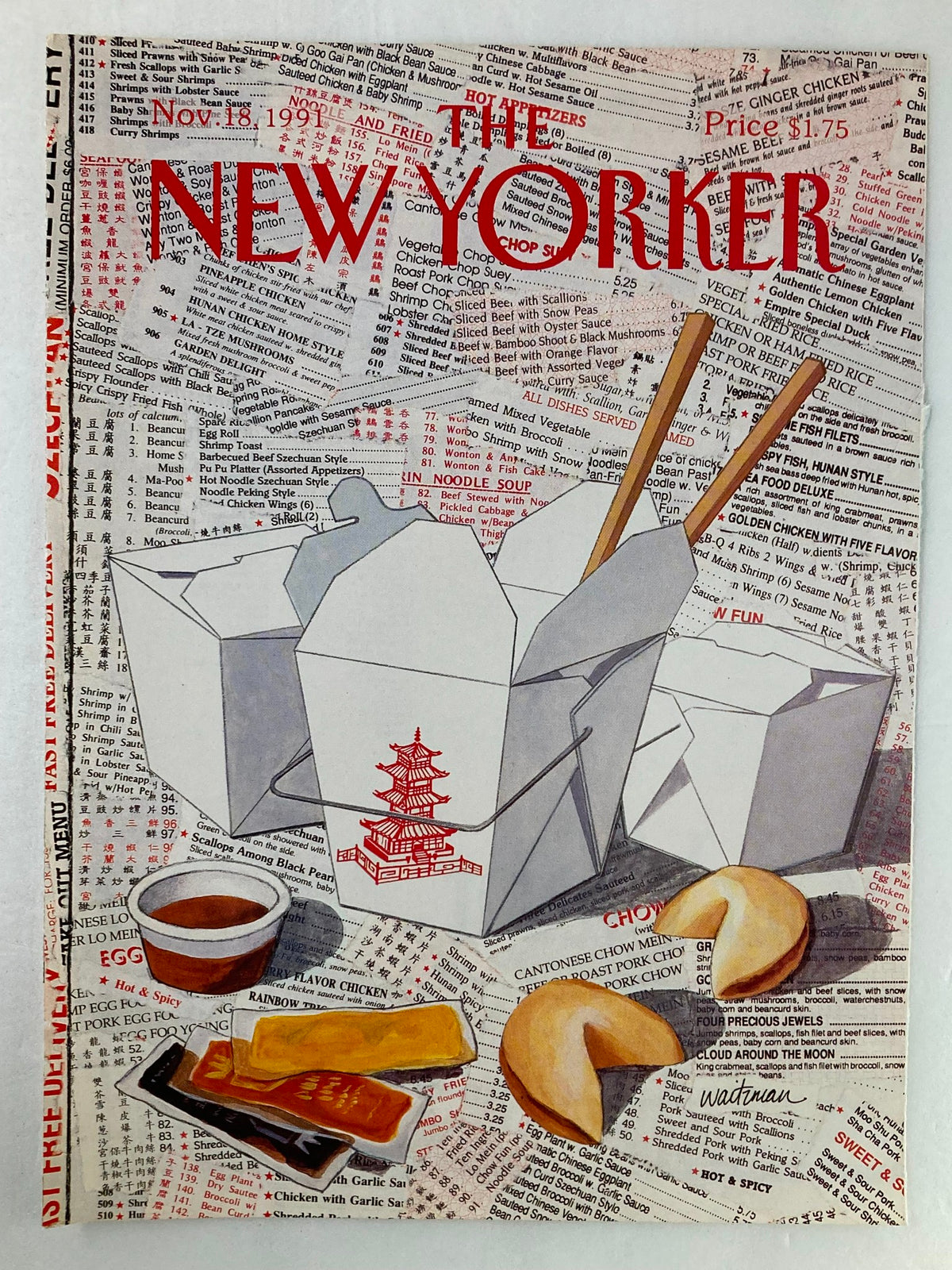 Cover of The New Yorker dated November 18, 1991 showcasing an artistic depiction of Chinese cuisine with takeout containers, fortune cookies, and soy sauce, created by Waitzman. This cover exudes nostalgia and elegance for vintage magazine collectors.