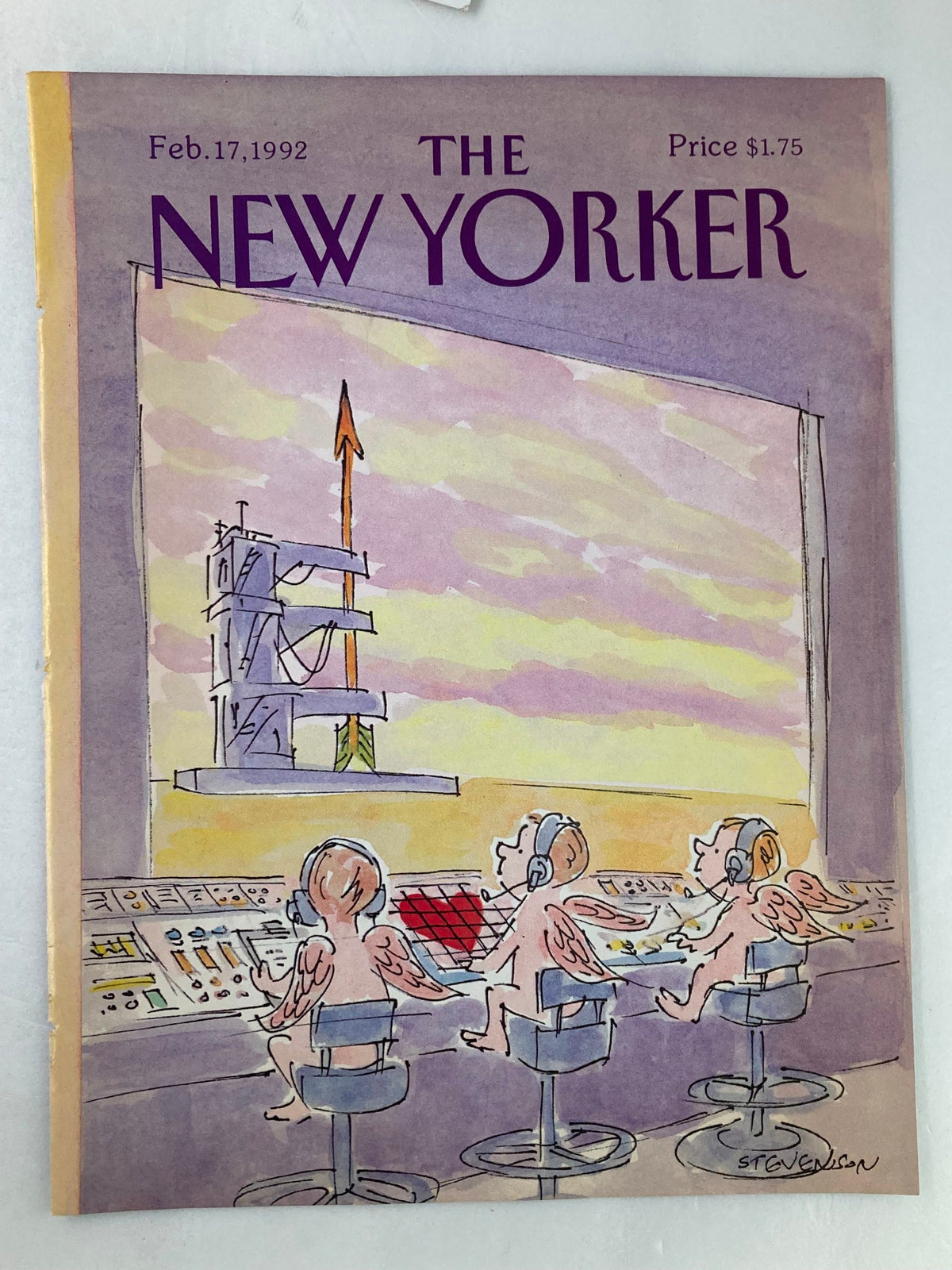 Cover of The New Yorker dated February 17, 1992, titled 'Cupid Launch' by Stevenson, showcasing a whimsical scene of cherubs operating a control panel with a rocket launch site.