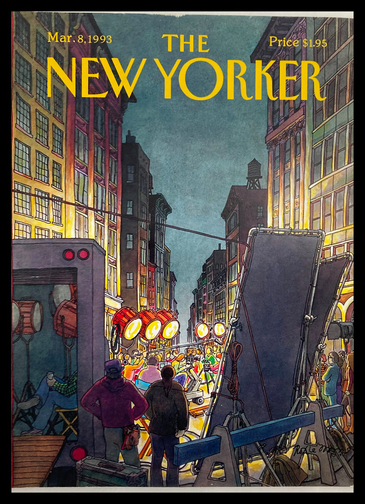 The New Yorker March 8, 1993 cover illustrated by Roxie Munro, featuring a vibrant street scene with film crew lights and people, capturing a moment of artistic culture.
