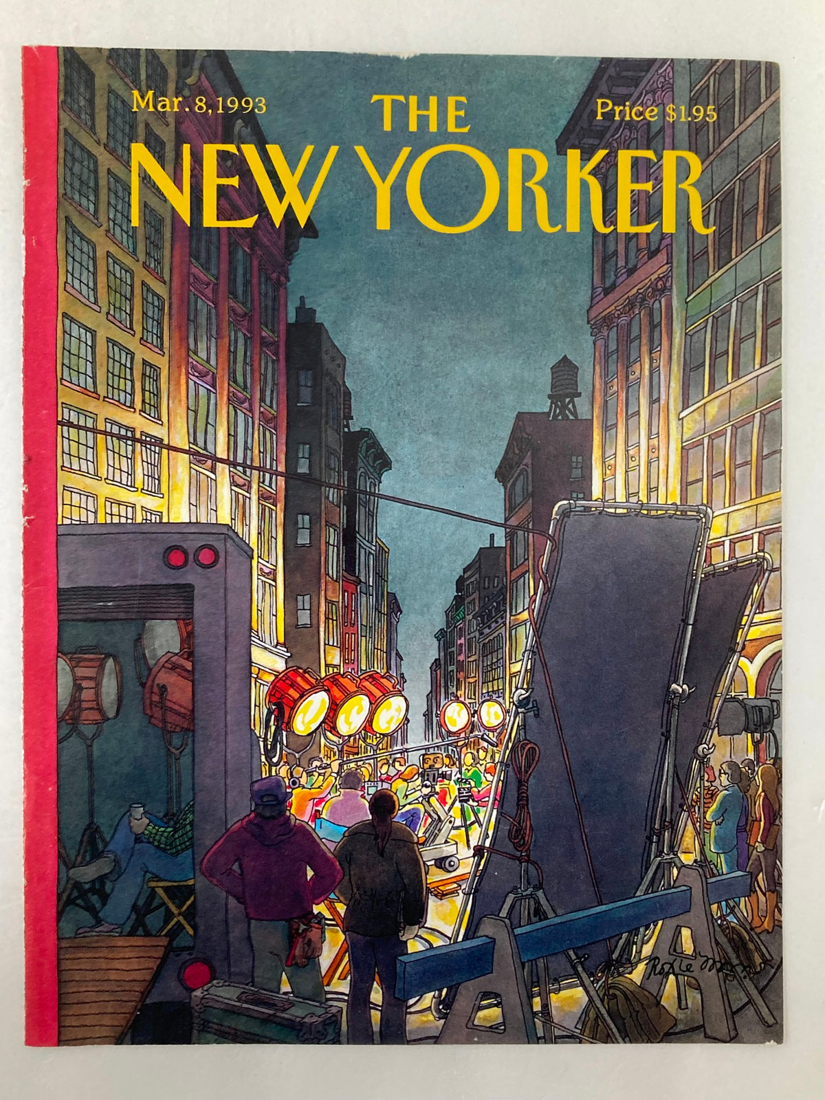 The New Yorker March 8, 1993 cover illustrated by Roxie Munro, showcasing a bustling film set on a city street, complete with colorful lighting and figures, symbolizing creativity and storytelling.