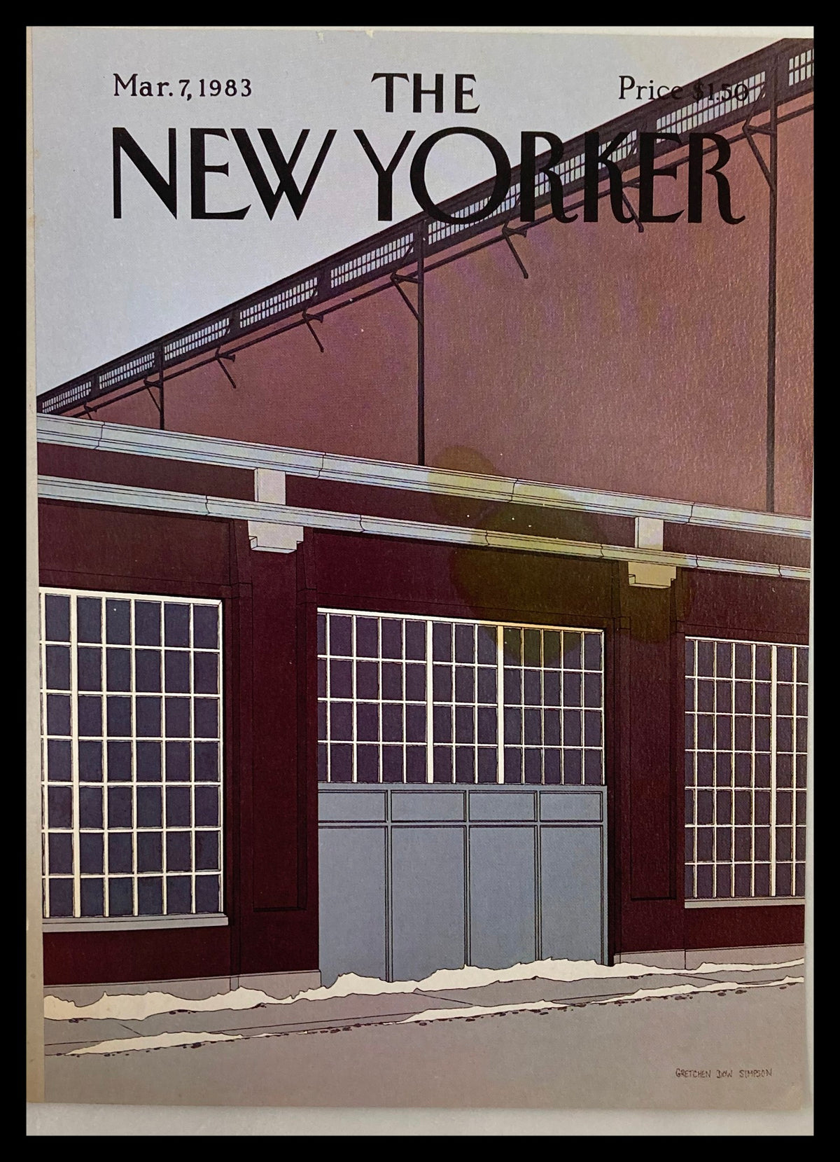 COVER ONLY The New Yorker March 7 1983, featuring a Barn Door illustration by Gretchen Simpson, showcasing an industrial building with tall windows and a snow-covered ground.