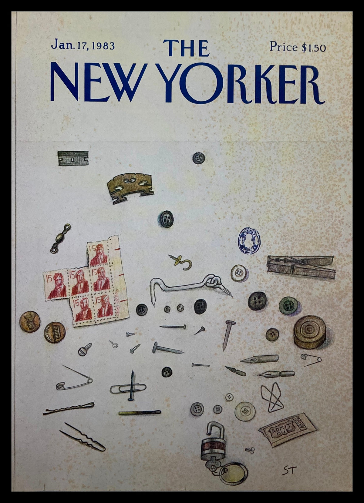The New Yorker January 17 1983 Junk Drawer cover illustrating various small household items like buttons, pins, and stamps, showcasing the artwork by Saul Steinberg.