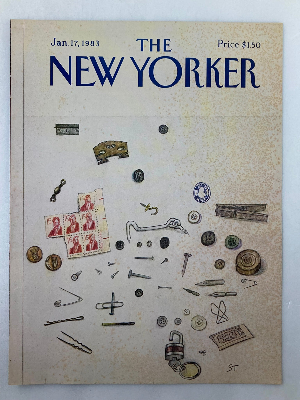 The New Yorker January 17 1983 Junk Drawer magazine cover featuring a whimsical illustration by Saul Steinberg, depicting everyday items scattered playfully.