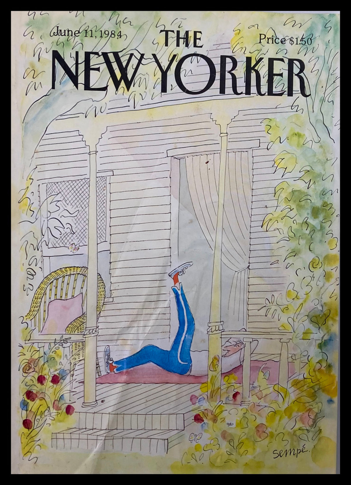 Cover of The New Yorker from June 11, 1984, featuring the illustration "Warming Up" by J. J. Sempe, showcasing a colorful outdoor scene with a figure lounging on a porch.