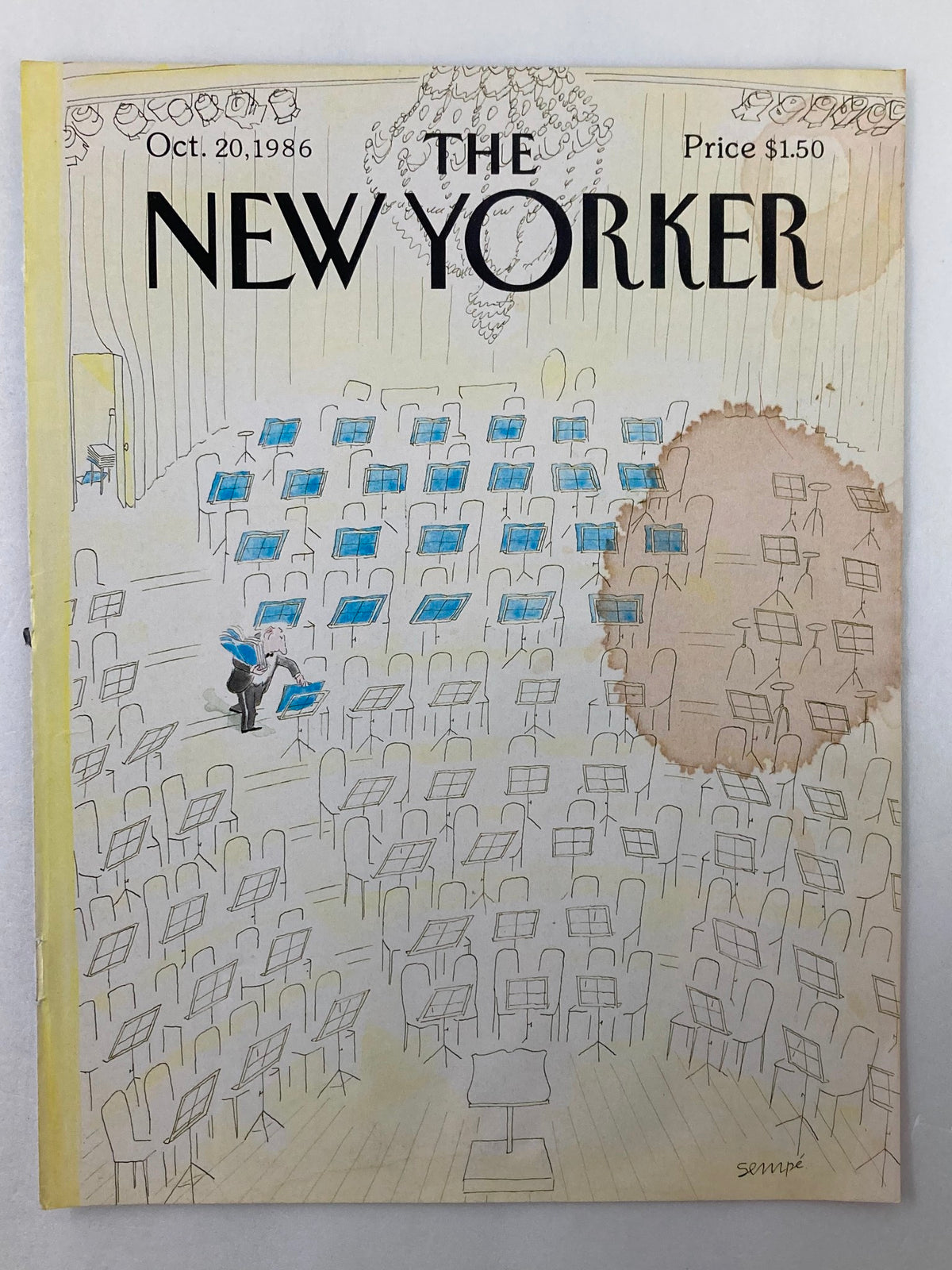 The New Yorker cover from October 20 1986, titled 'Starting Now' by J. J. Sempé, showcasing a concert stage filled with empty chairs and music stands, highlighting the artistic expression of the era.
