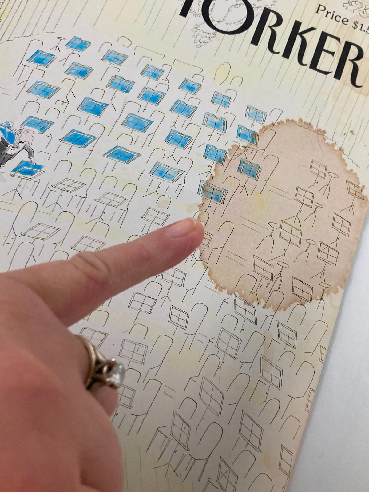 Close-up of The New Yorker cover titled 'Starting Now', dated October 20 1986, by J. J. Sempé, pointing out a noticeable stain area among the whimsical illustration of a concert hall.