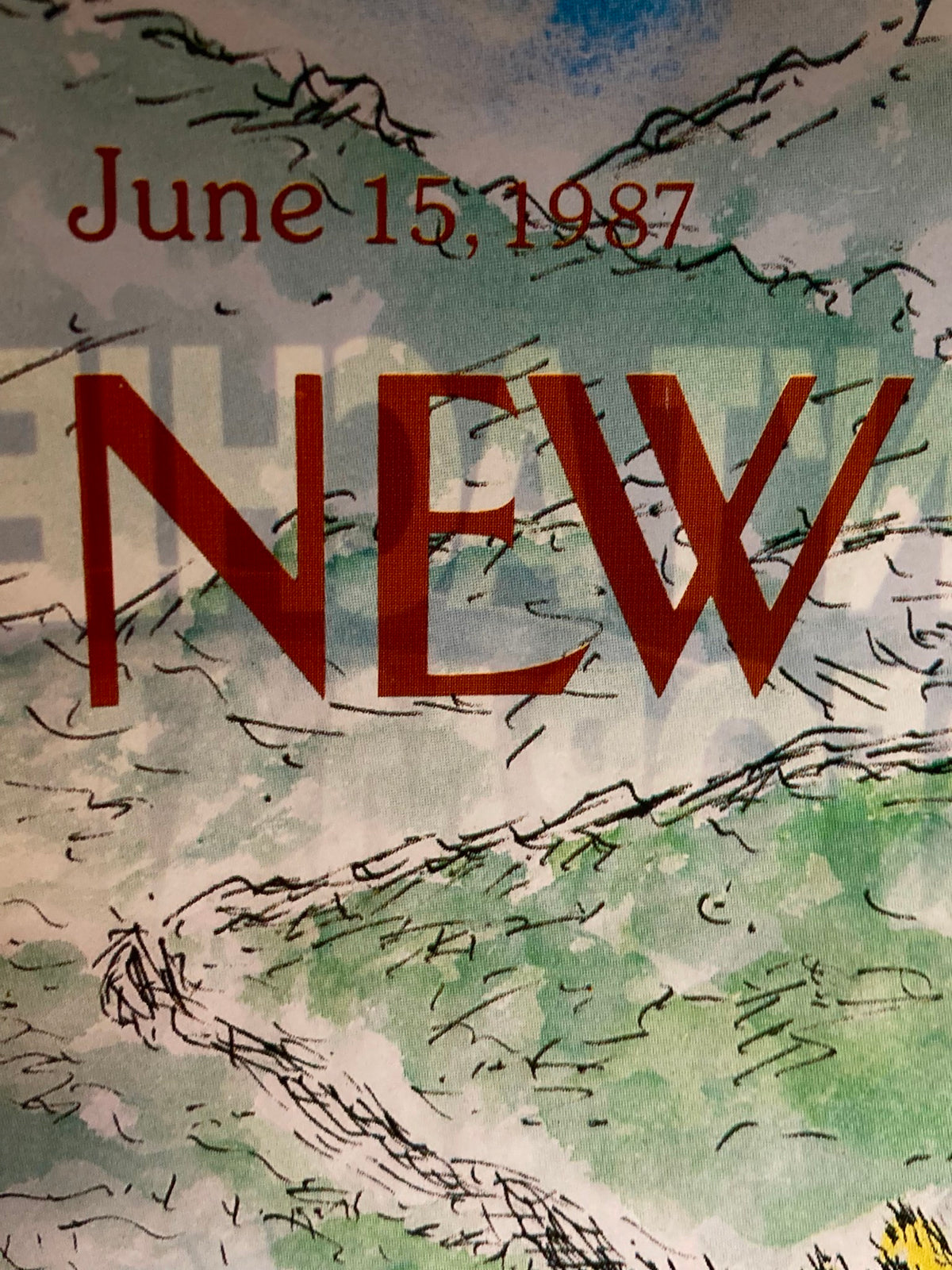 Close-up of the top section of The New Yorker June 15 1987 cover, highlighting the date and magazine title in bold red lettering against a colorful background.