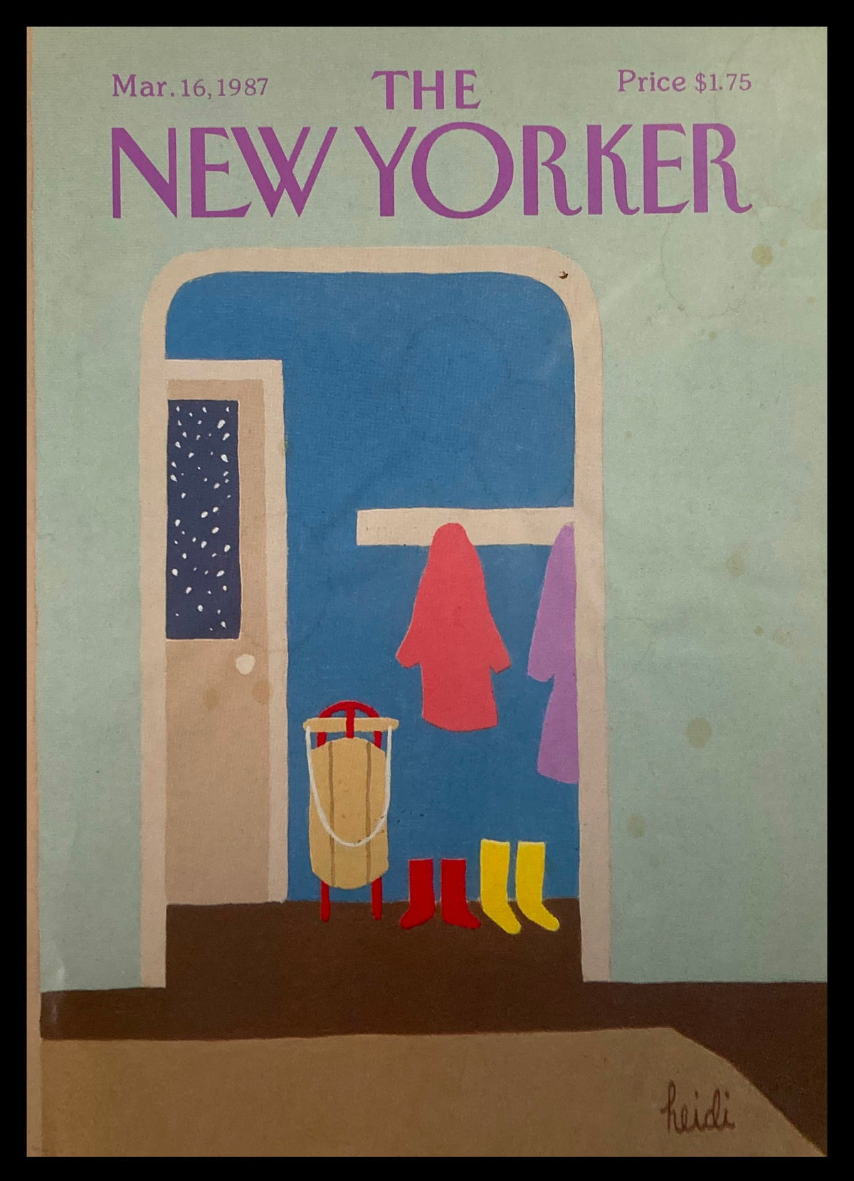 The New Yorker March 16, 1987 cover featuring a whimsical illustration of a raincoat, galoshes, and a sled, beautifully designed by Heidi Goennel.