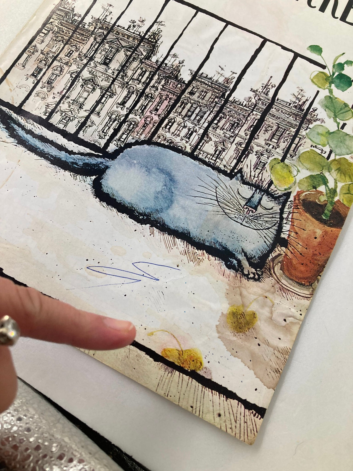 Close-up of The New Yorker cover from May 6, 1972, by Ronald Searle, highlighting the playful blue cat alongside potted greenery and showing details of wear and signature.