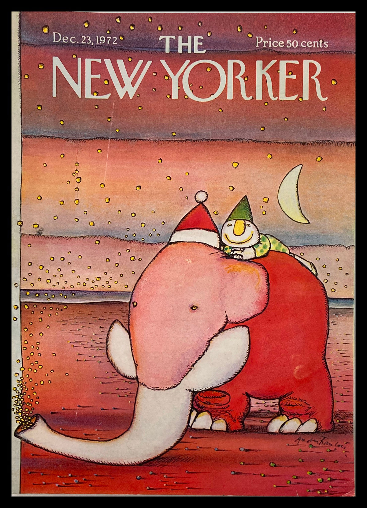 Cover of The New Yorker December 23, 1972 featuring a whimsical illustration of an elephant wearing a Santa hat, with a playful snowman riding it, against a festive background.