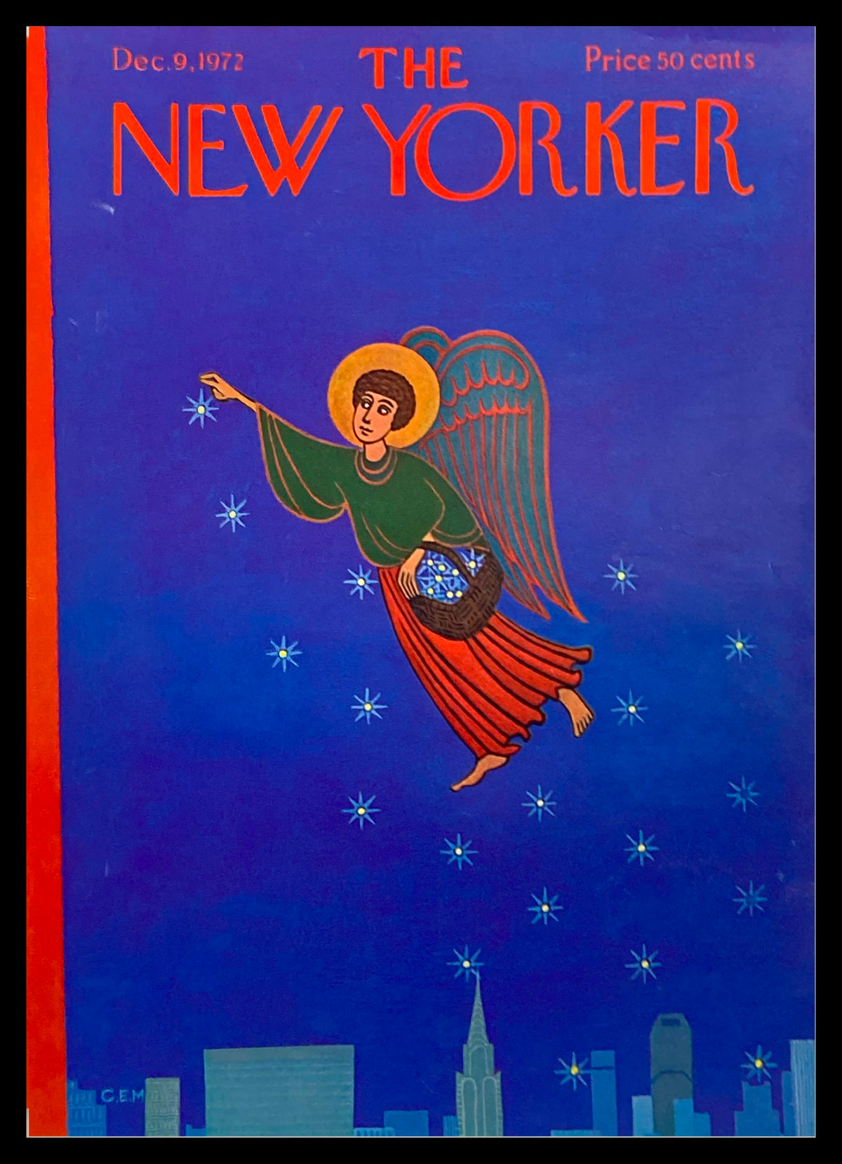 The New Yorker cover from December 9, 1972 titled 'Holy Night' by Charles Martin, featuring an angel with a basket amidst a starry night background.