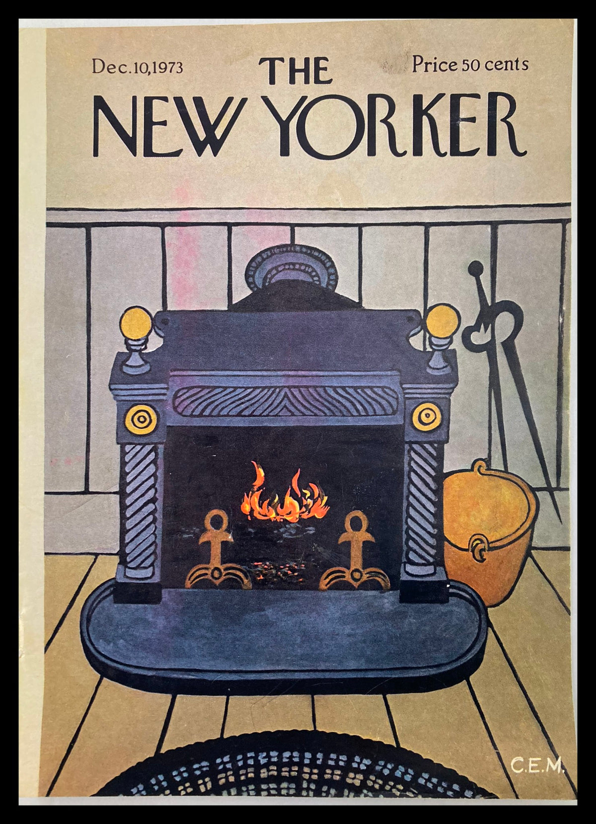 Cover only The New Yorker December 10 1973 featuring an illustration of a cozy fireplace by Charles Martin, showcasing warm flames and vintage aesthetics.
