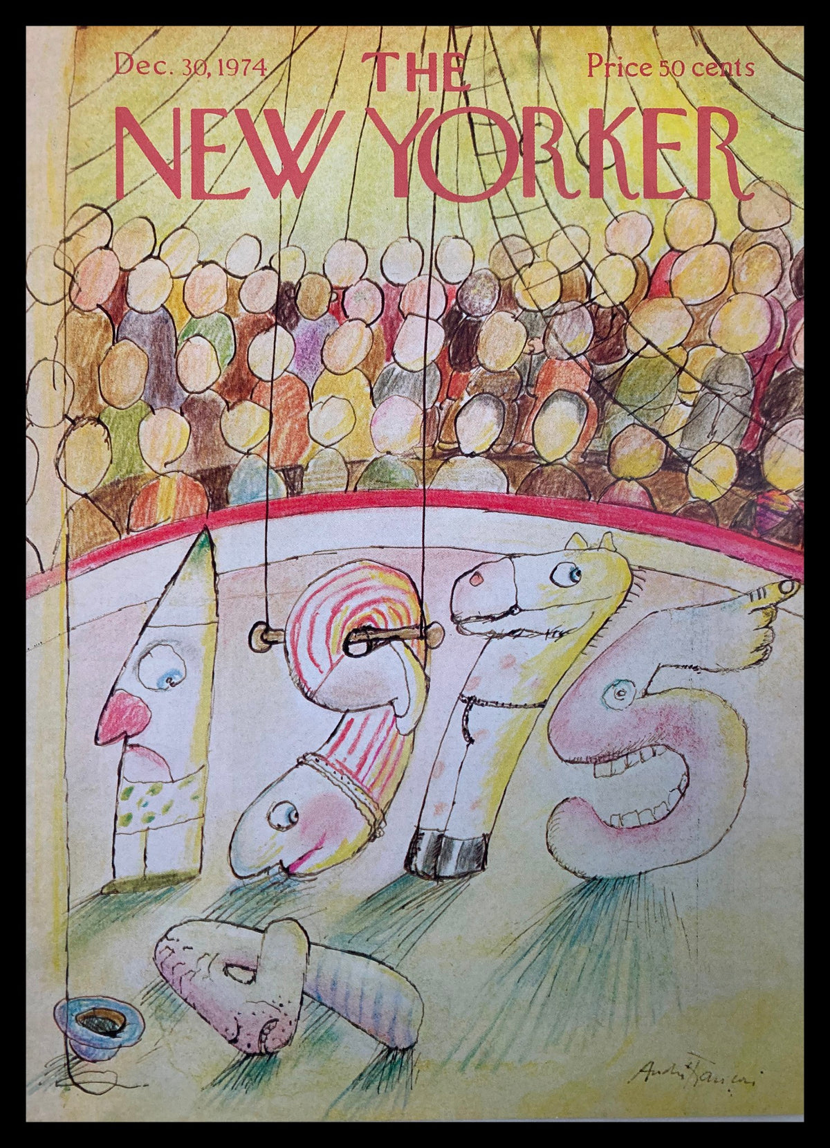 COVER ONLY The New Yorker December 30 1974 Moving to 75 by A. Francois, featuring colorful circus figures and numbers 4, 5, 7, and 5 with an audience in the background.
