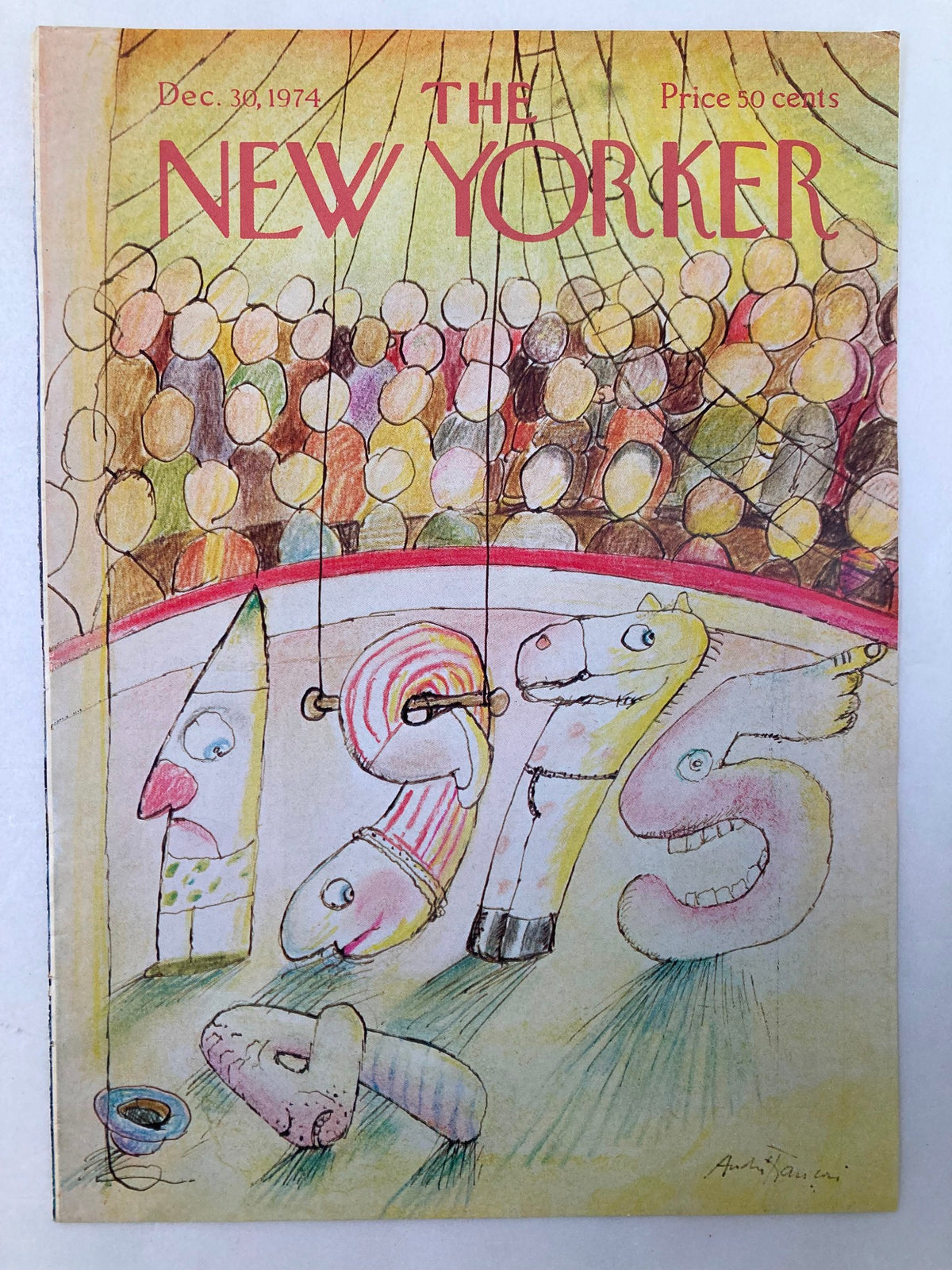 COVER ONLY The New Yorker December 30 1974 Moving to 75 by A. Francois, depicting whimsical characters in a vintage circus setting with vibrant artwork and a lively crowd.