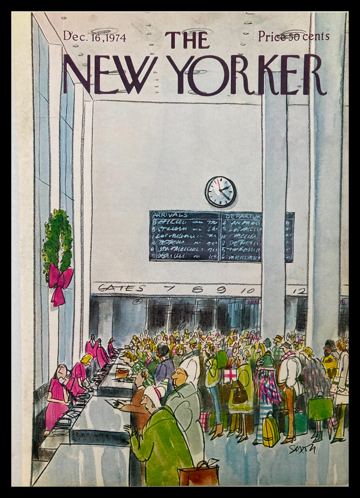COVER ONLY The New Yorker December 16 1974 Airport Rush by C. Saxon, featuring a vibrant illustration of a busy airport terminal with travelers and holiday decorations.