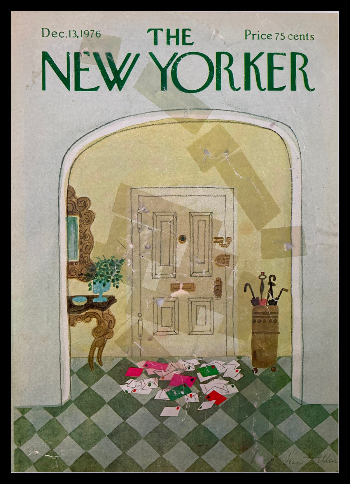 Cover of The New Yorker dated December 13, 1976, titled 'Full of Mail', featuring an illustration of a door with letters scattered on the floor, created by Laura Jean.