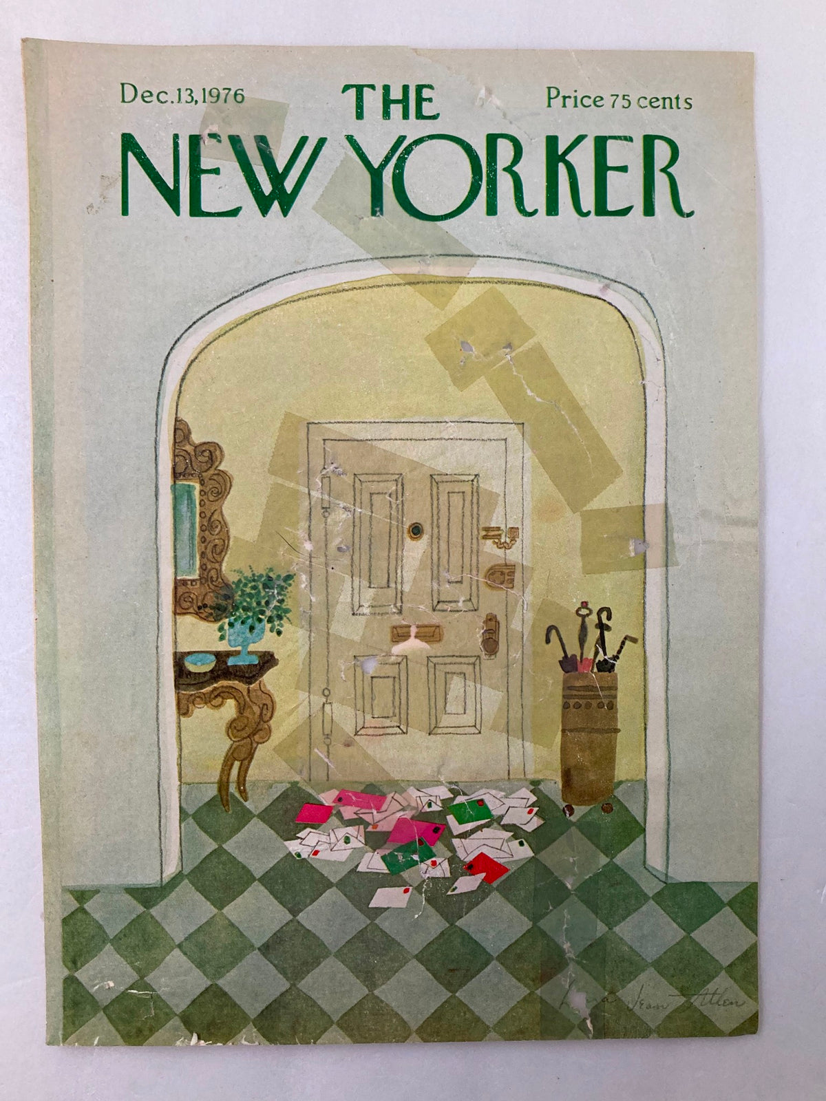 Cover of The New Yorker dated December 13, 1976, titled 'Full of Mail', showcasing a door scene with colorful letters on the ground, designed by Laura Jean.