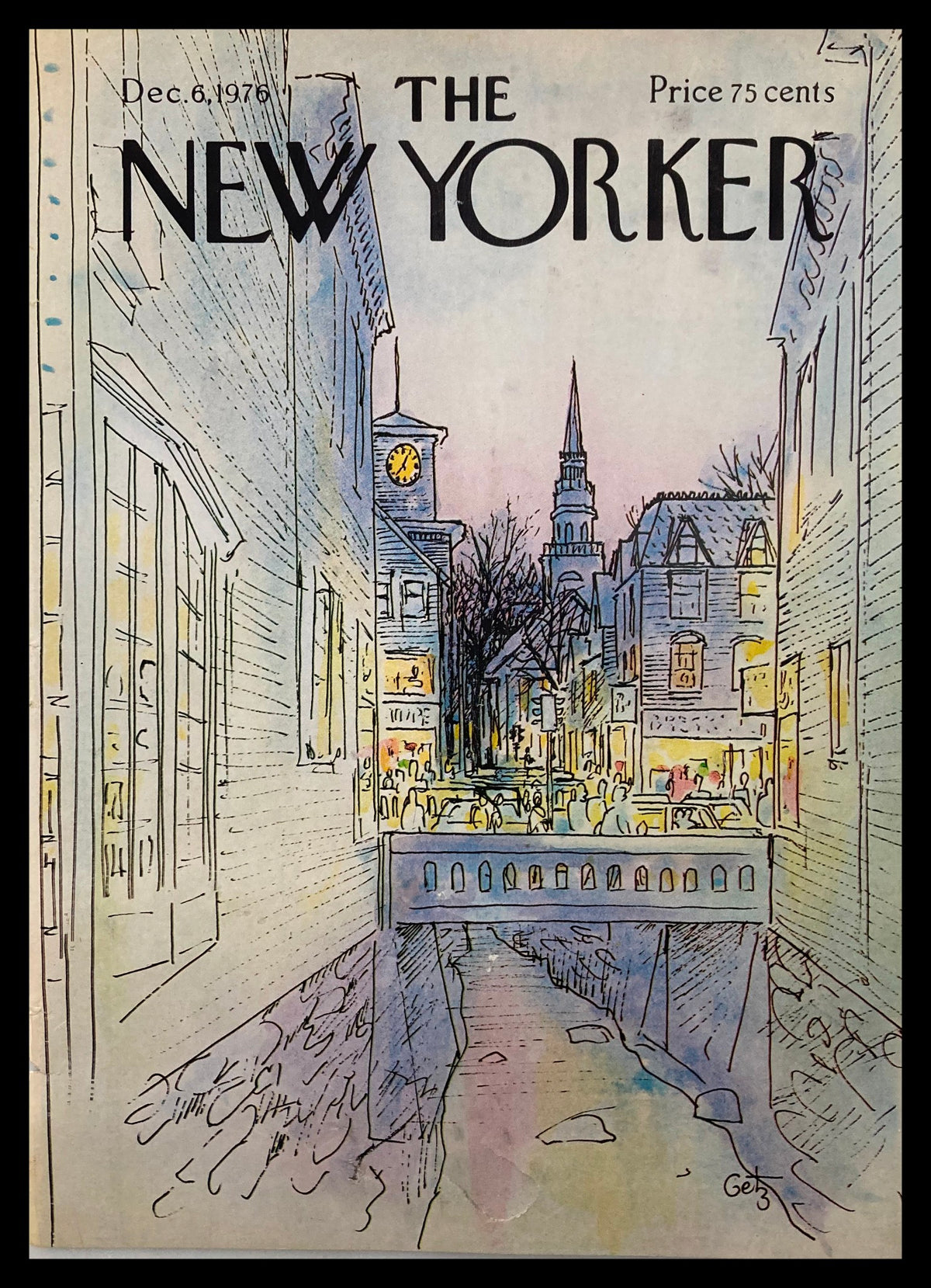 COVER ONLY The New Yorker December 6 1976 Busy Bridge by Arthur Getz, featuring an illustration of a busy street scene with a bridge and historic buildings in a pastel color palette.