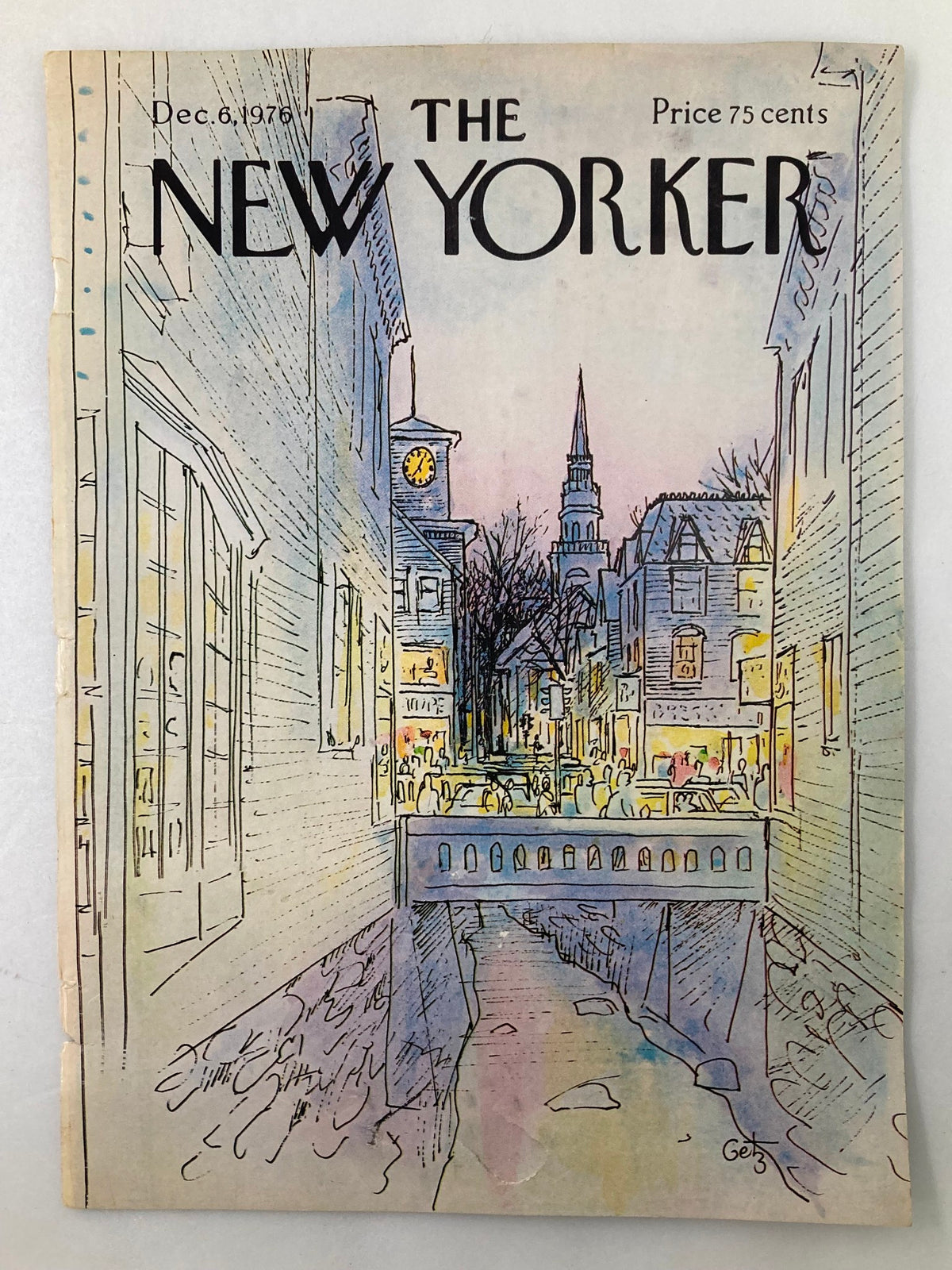 COVER ONLY The New Yorker December 6 1976 Busy Bridge by Arthur Getz, showcasing a vintage magazine cover depicting a charming city bridge surrounded by storefronts and people, in soft colors.