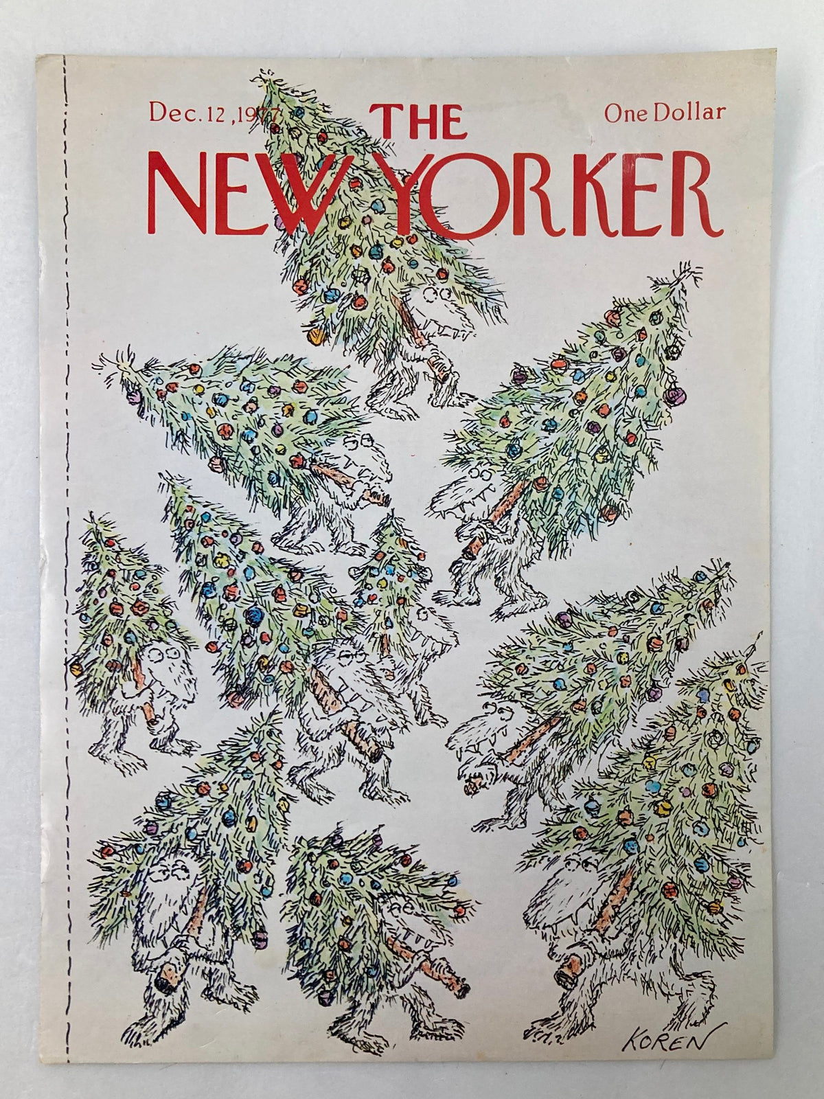 COVER ONLY The New Yorker December 12 1977 with the illustration "Own Trees" by Edward Koren, highlighting colorful trees resembling characters, a charming vintage magazine collectible.